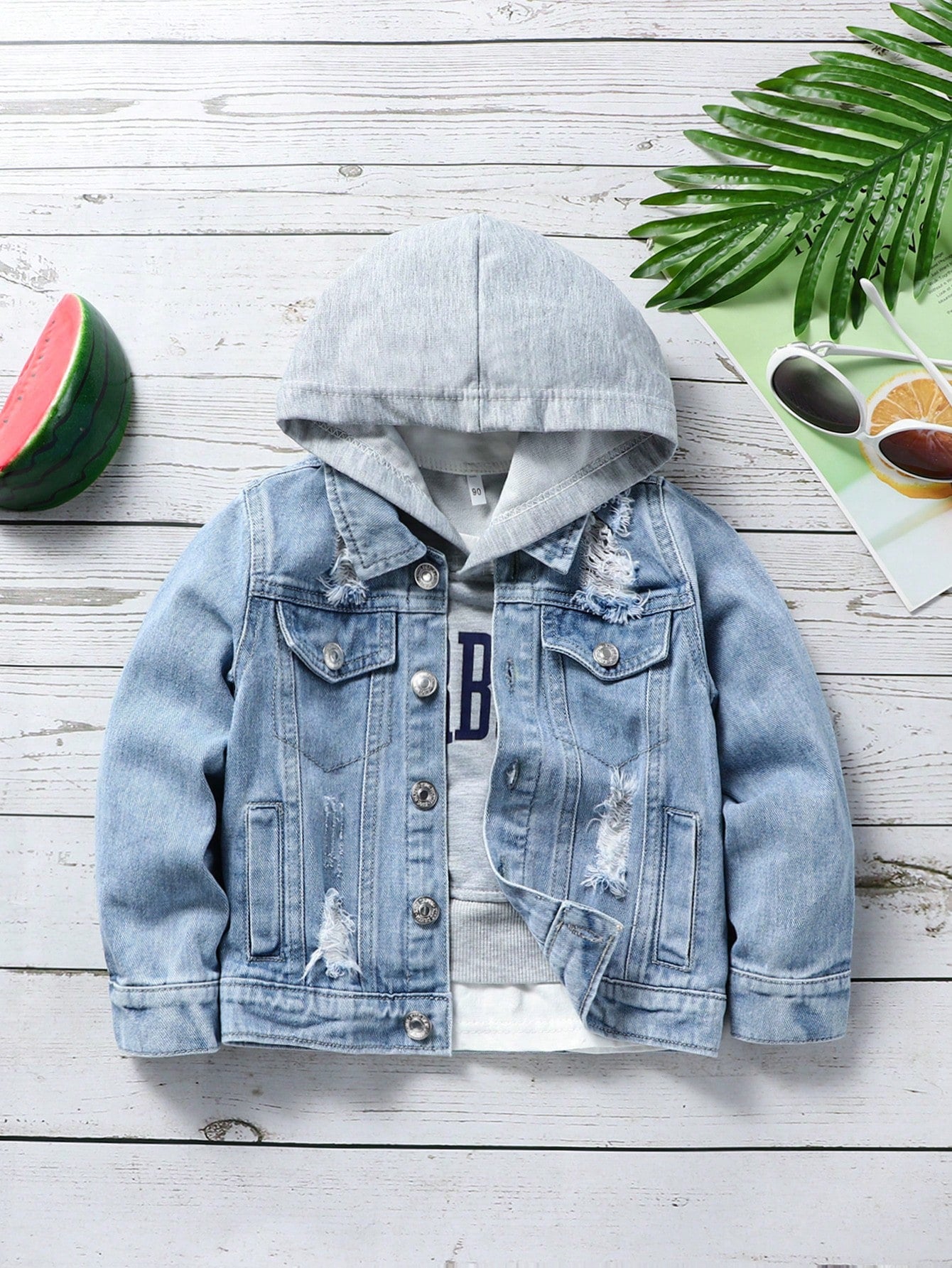 Young Boy Ripped Flap Detail Denim Jacket Without Hoodie