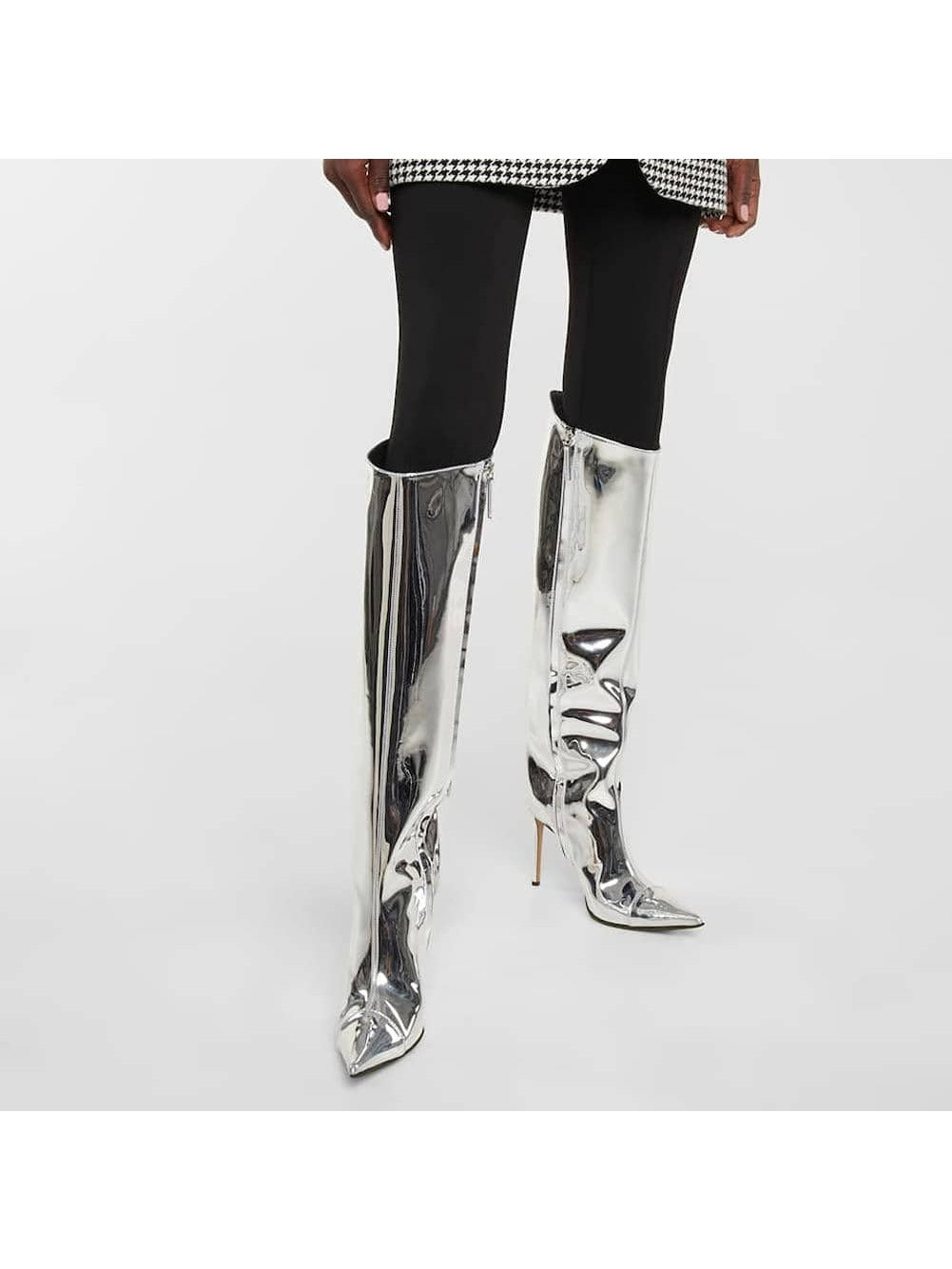 Women's Metallic Mirror Over The Knee Boots Stiletto High Heels Wide Calf Boot With Zipper Pointed Toe Dressy Shoes