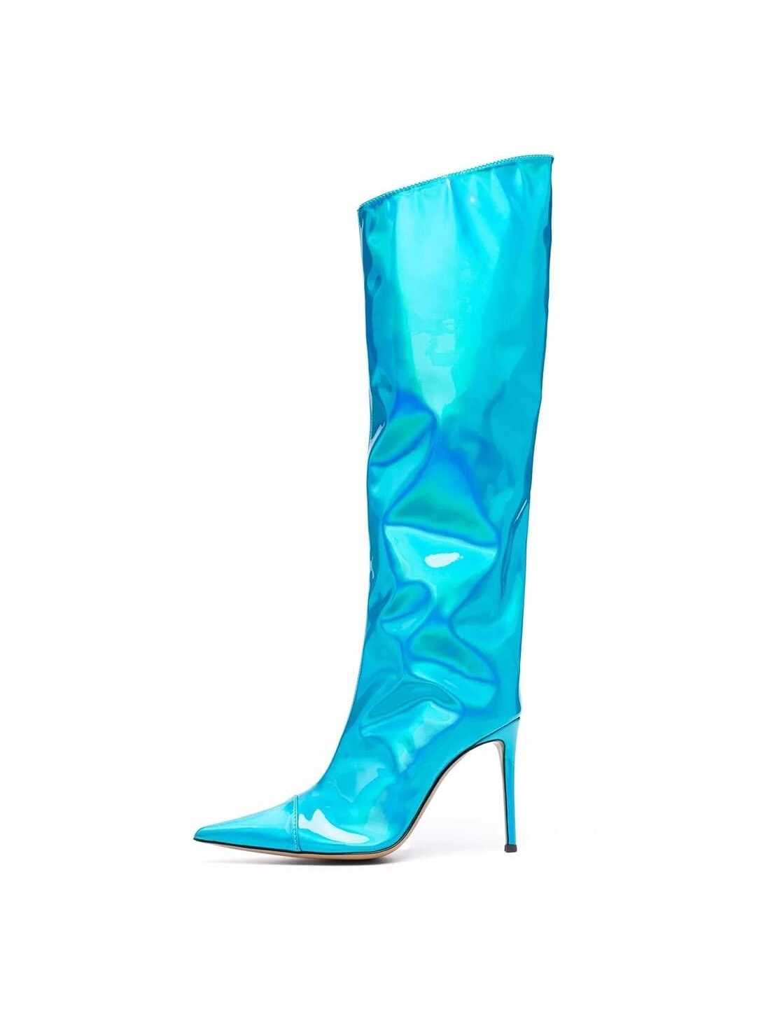 Women's Metallic Mirror Over The Knee Boots Stiletto High Heels Wide Calf Boot With Zipper Pointed Toe Dressy Shoes