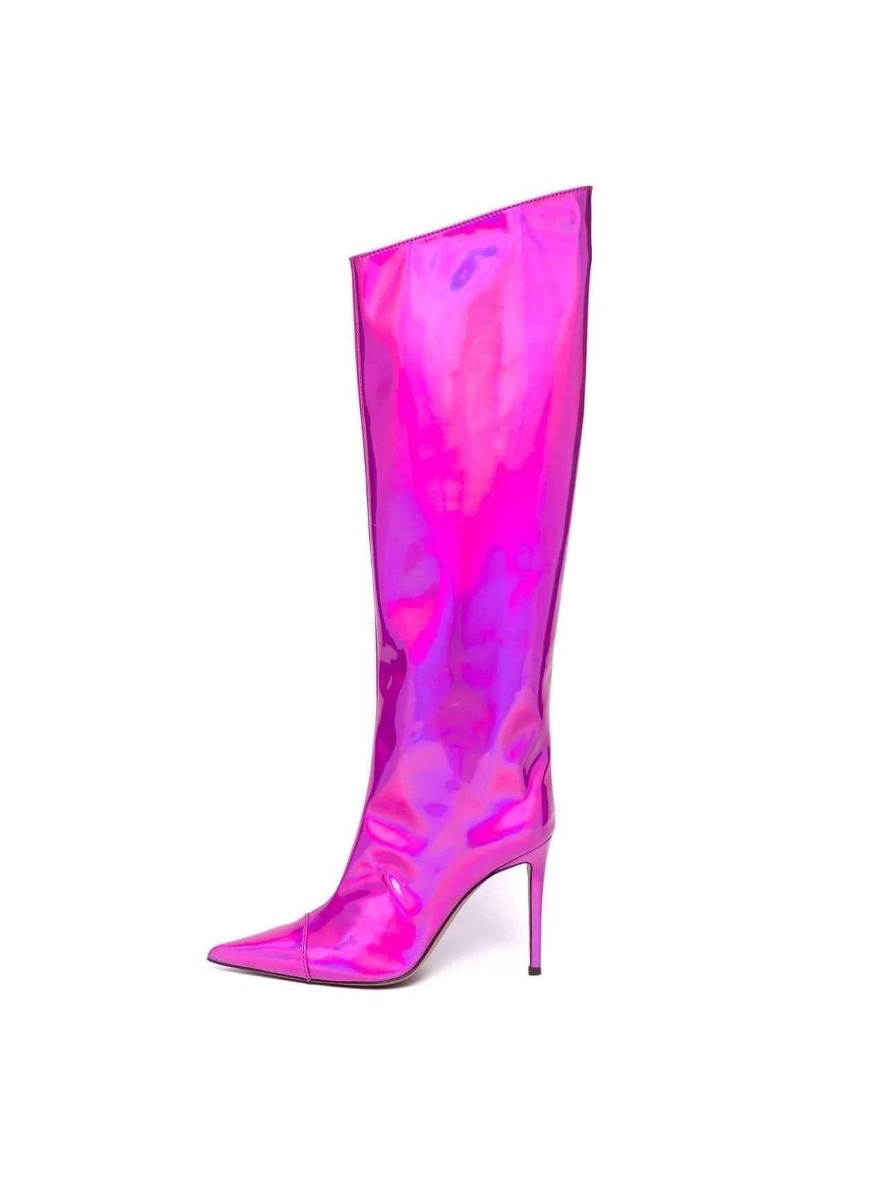 Women's Metallic Mirror Over The Knee Boots Stiletto High Heels Wide Calf Boot With Zipper Pointed Toe Dressy Shoes