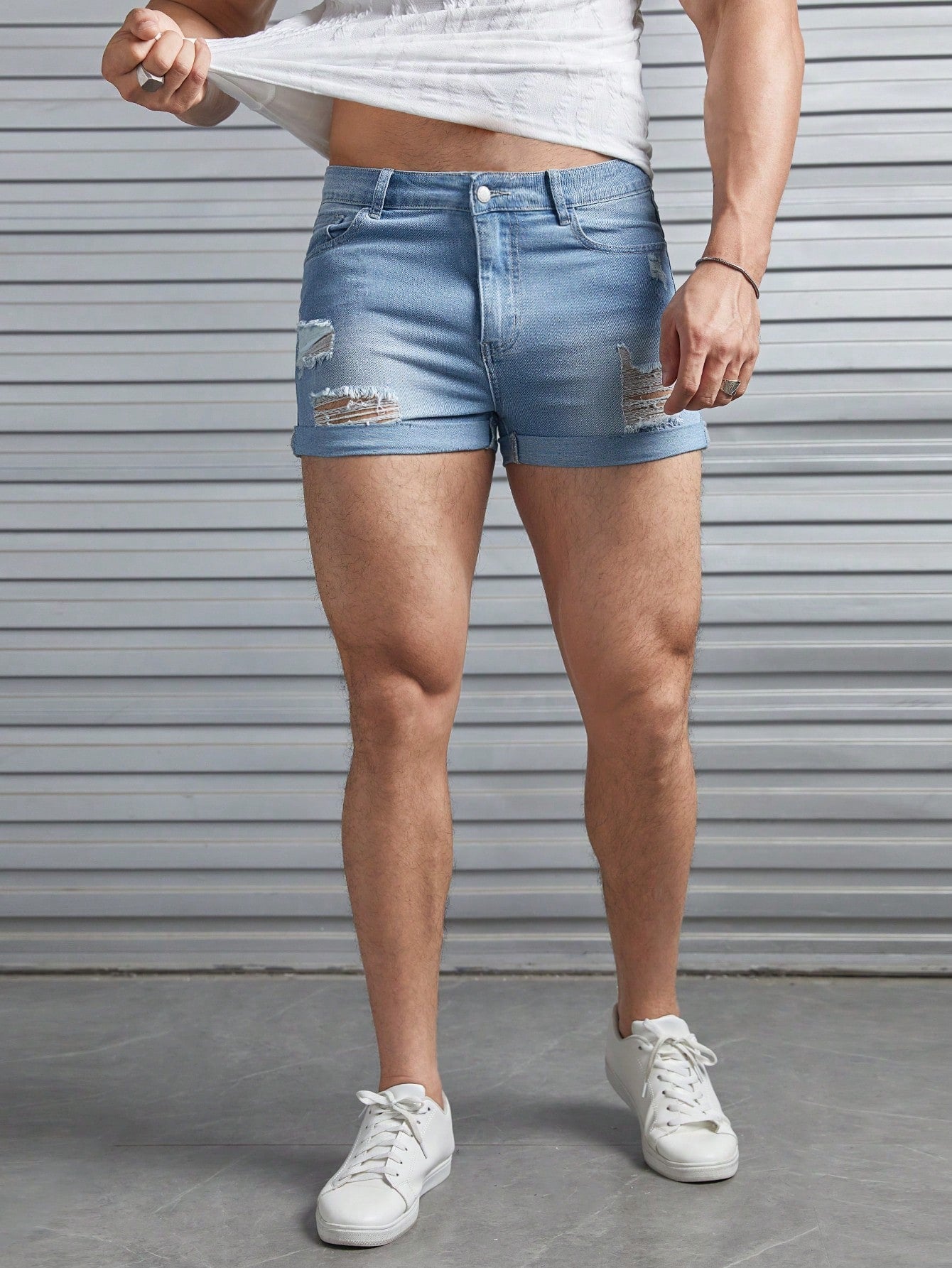 Men Cotton Ripped Frayed Roll Hem Denim Shorts