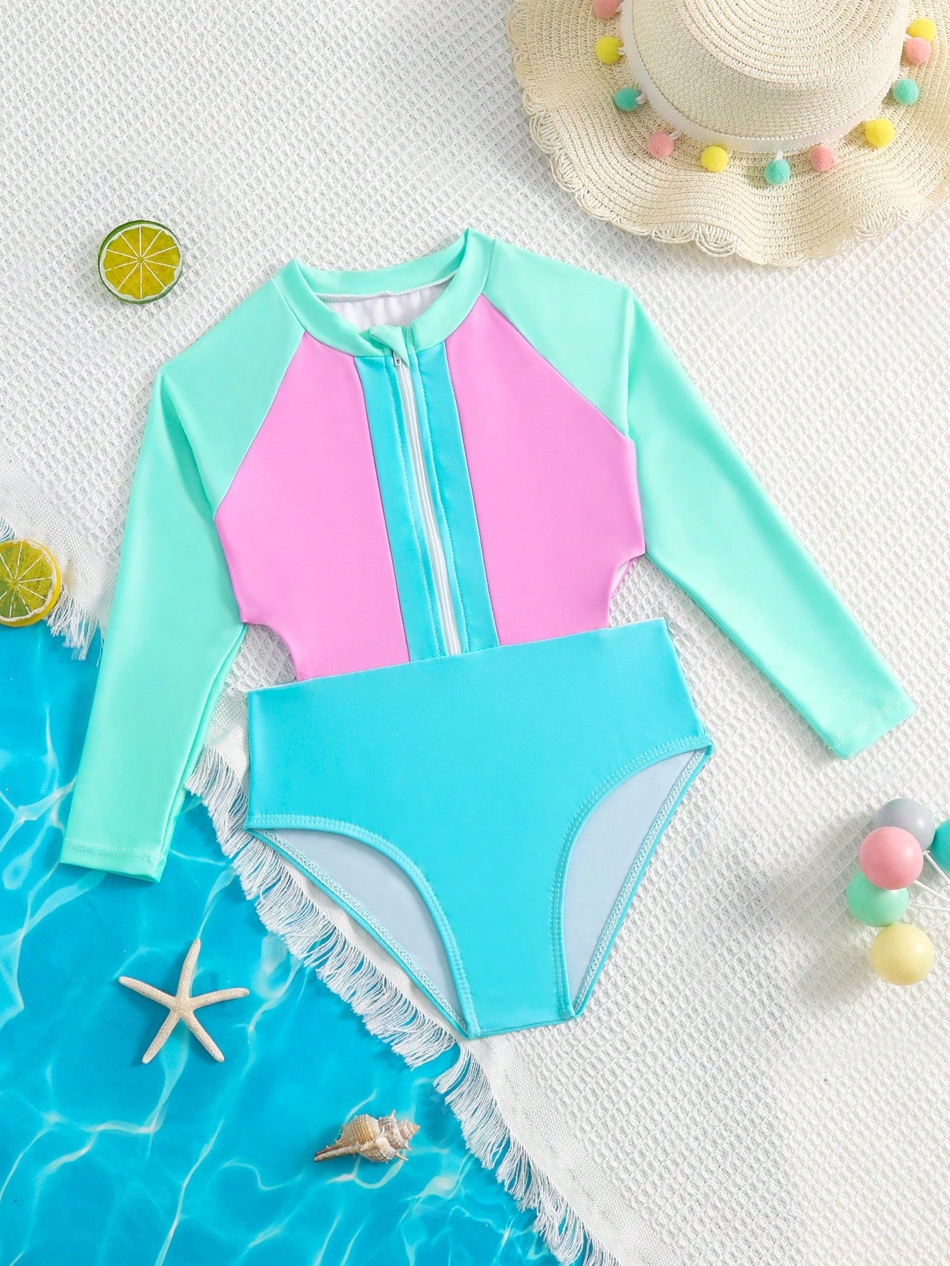 Young Girl Color Block Zipper Front Cut Out One Piece Swimsuit