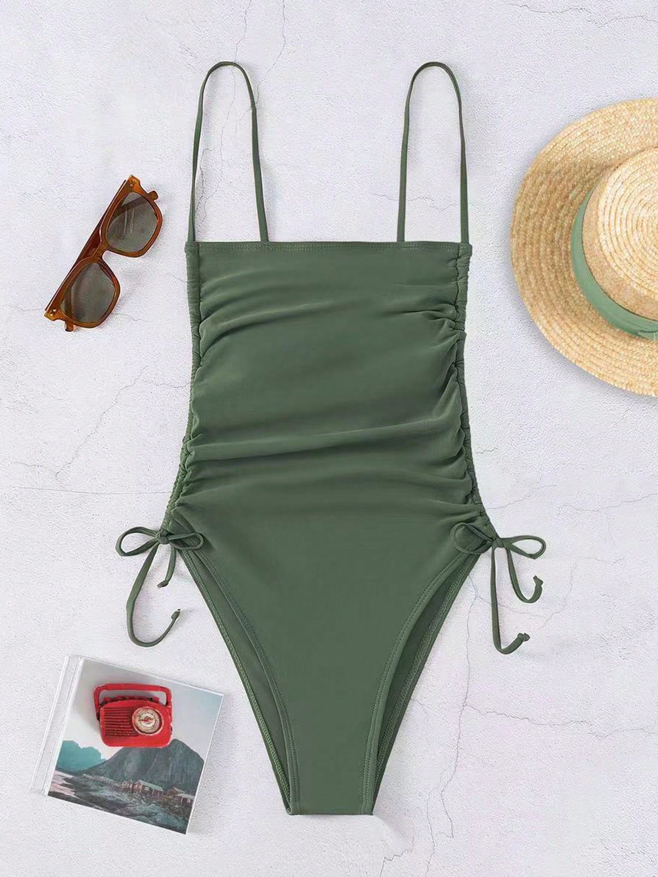 Swim Summer Beach Drawstring Side One-Piece Swimsuit Bathing Suit