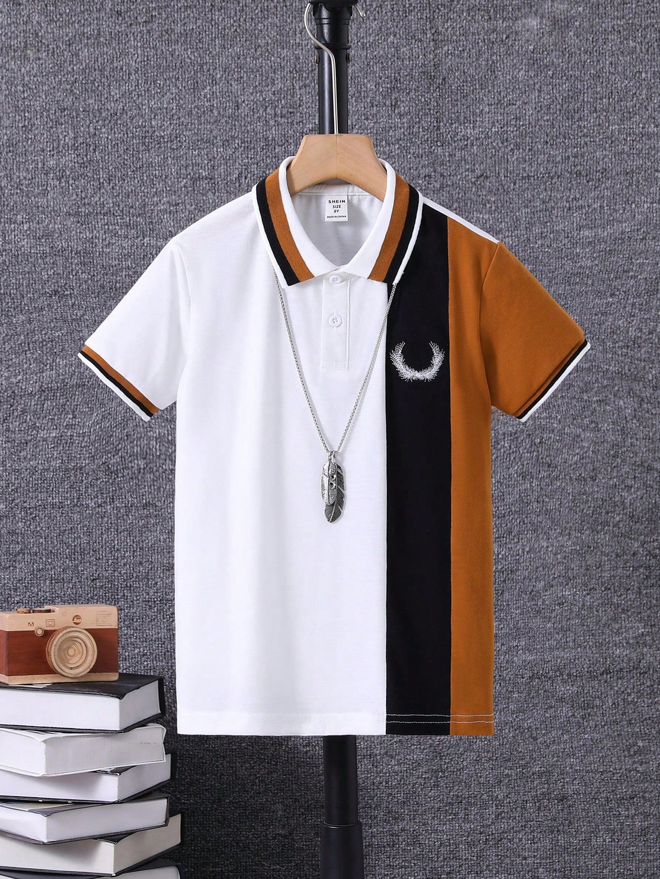 Tween Boy Short Sleeve Retro College Style Embroidered Logo Polo Shirt With Turn-Down Collar, Daily Casual Wear