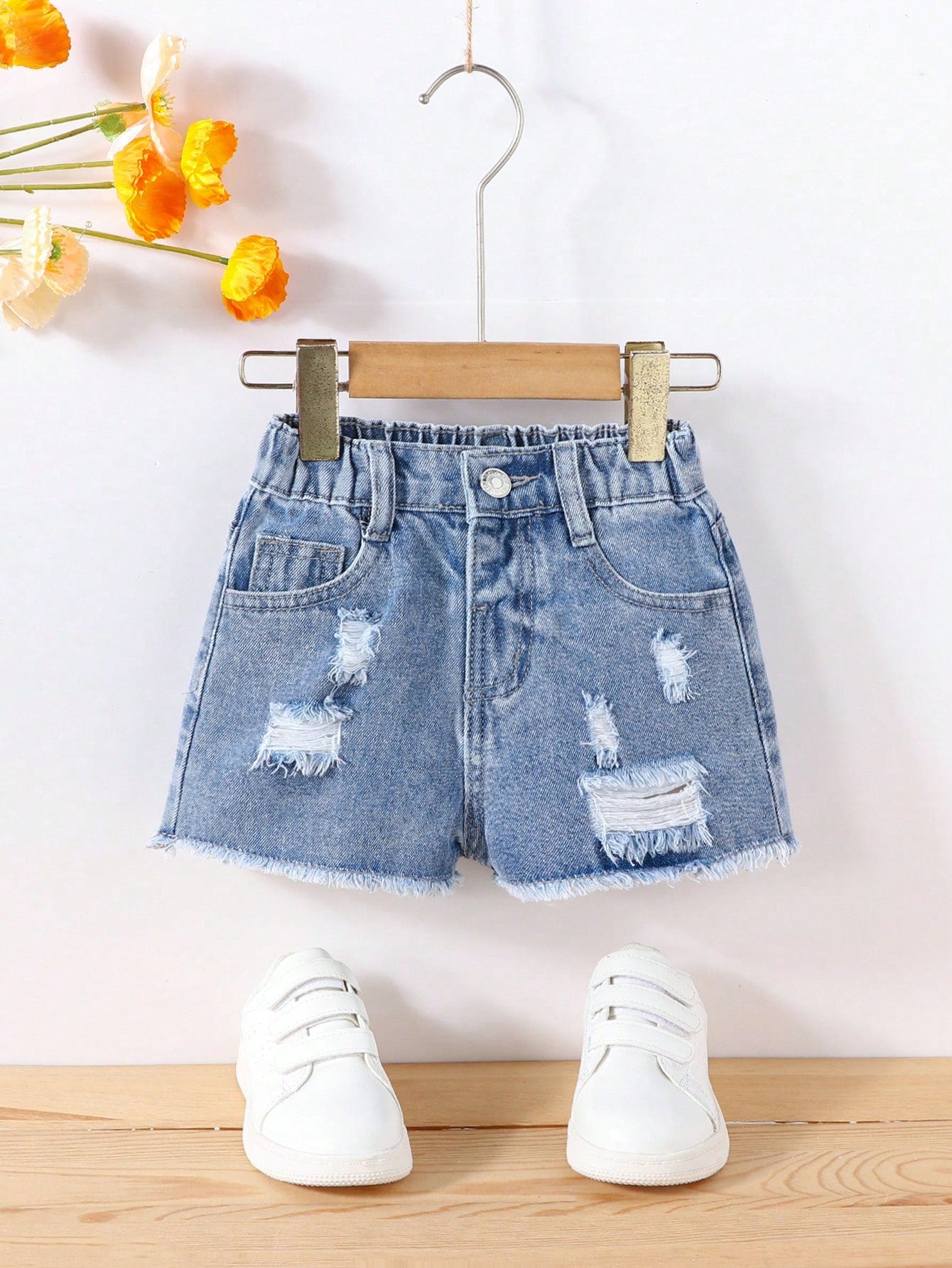 Young Girl Simple Daily Boho Street Casual Destroy Raw Hem Elastic Waist  Denim Shorts