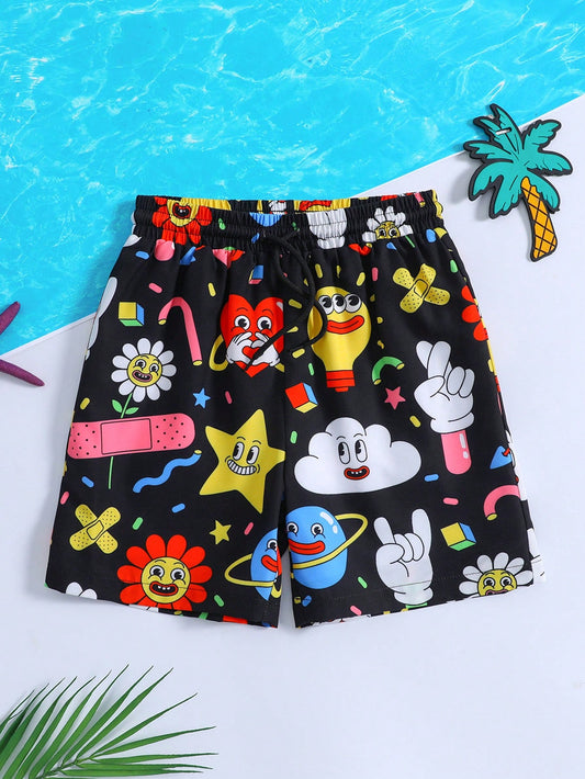 Tween Boy Cartoon Graphic Drawstring Waist Swim Shorts