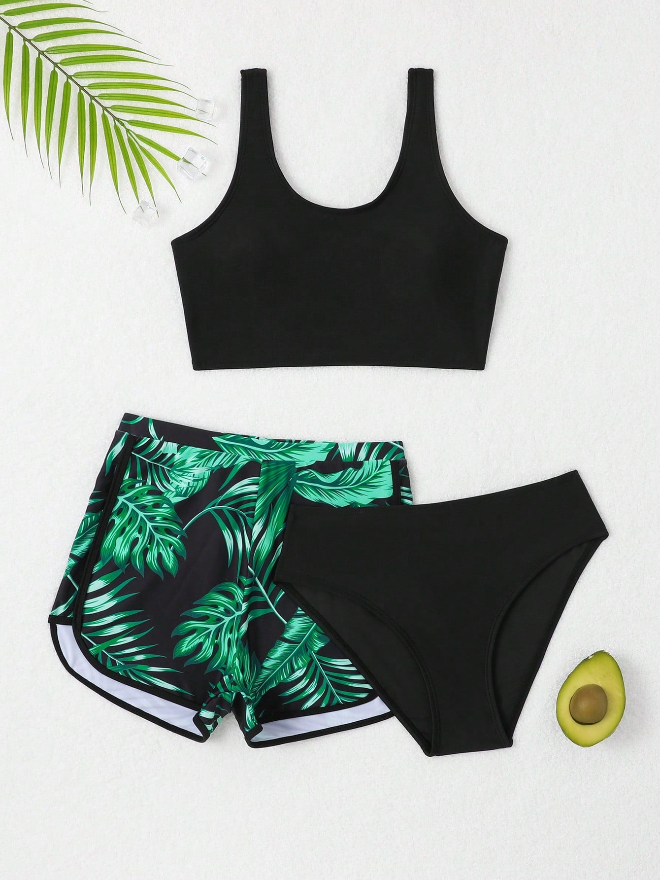 Teen Girls Tropical Print Bikini Set With Beach Shorts Summer Beach