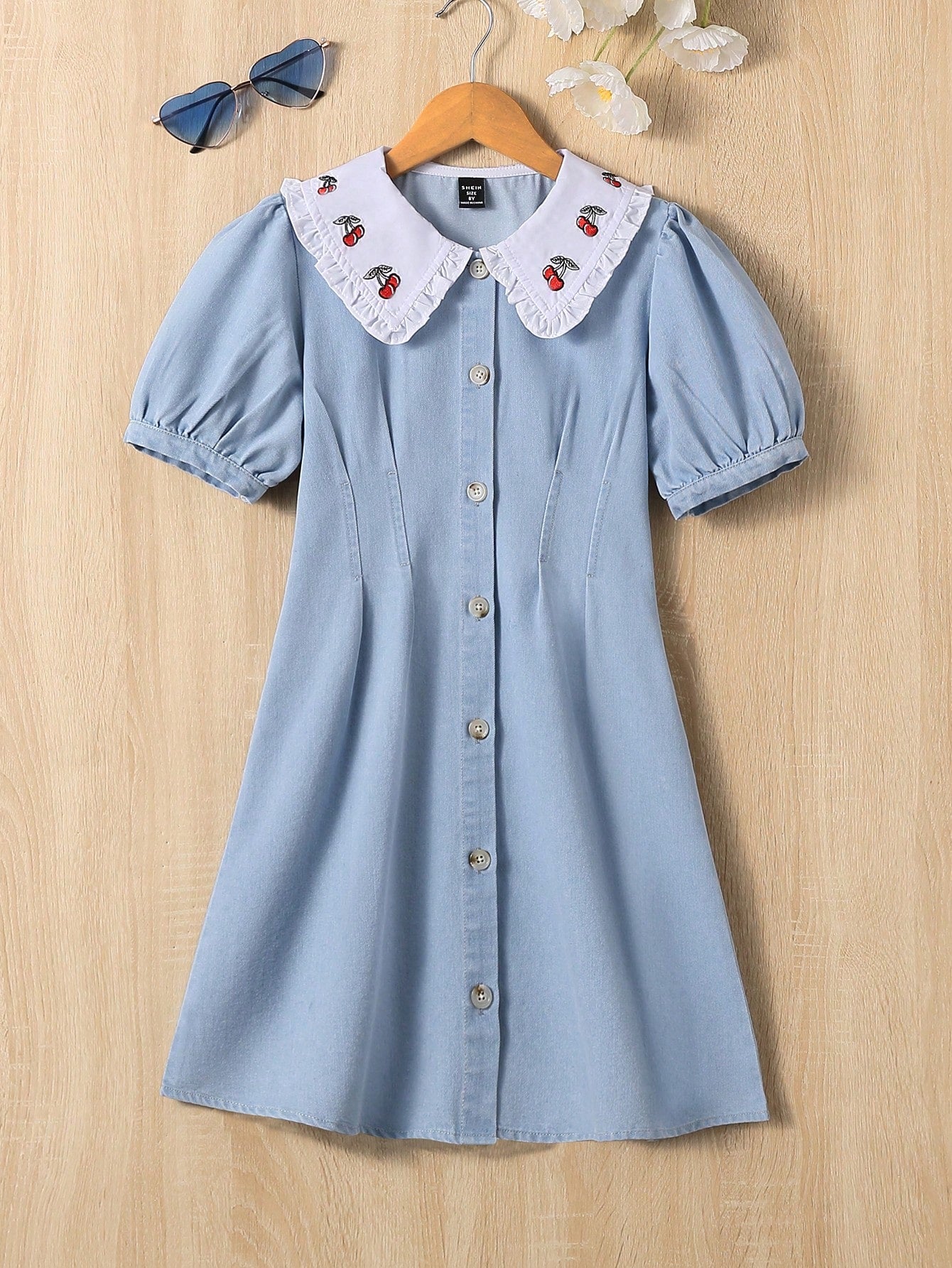 Tween Girl Cherry Embroidery Peter Pan Collar Puff Sleeve Fold Pleated Detail Denim Dress