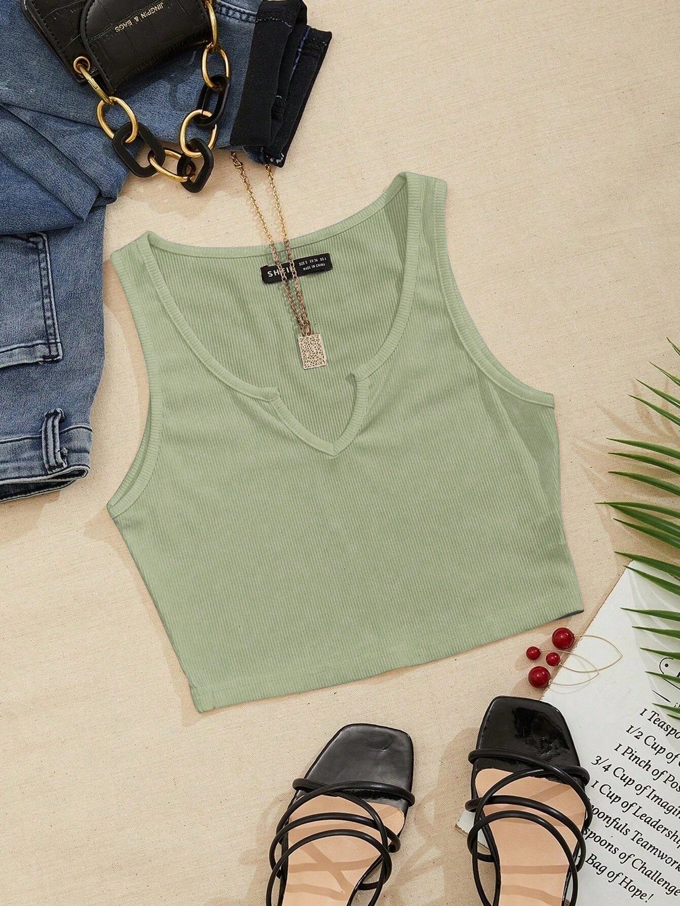 Notched Neck Ribbed Knit Tank Top