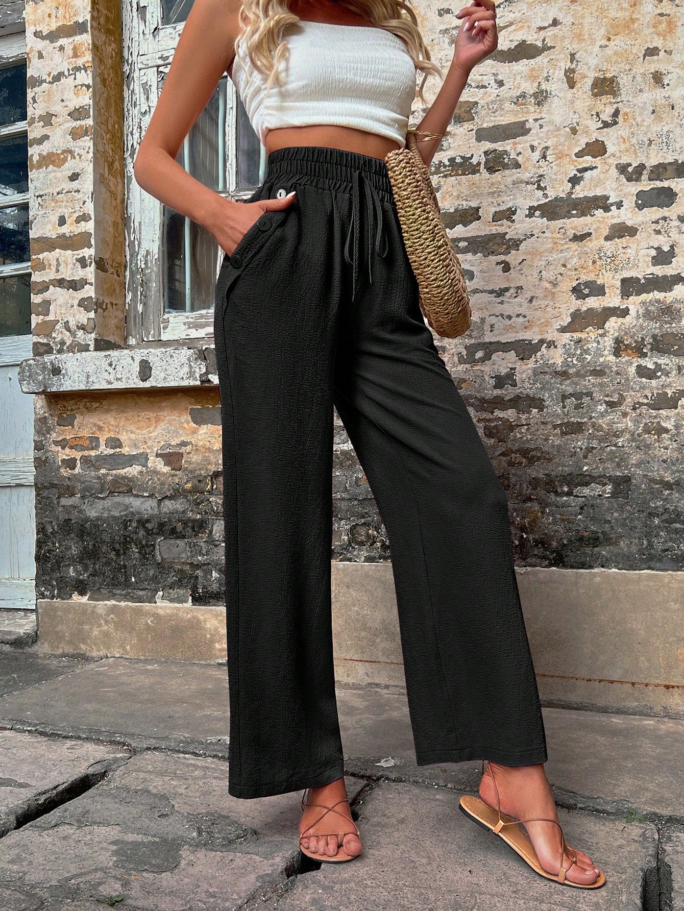 Solid Slant Pocket Wide Leg Pants