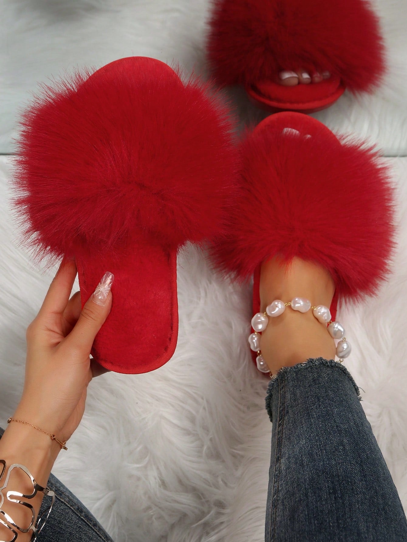 Women's Stylish Slippers, Suitable For Bridal Robe, Red Festive Lucky Year Plush Slippers For Comfortable, Warm, Anti-slip Indoor Wear In Winter