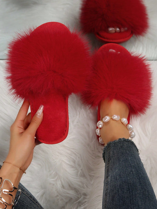 Women's Stylish Slippers, Suitable For Bridal Robe, Red Festive Lucky Year Plush Slippers For Comfortable, Warm, Anti-slip Indoor Wear In Winter