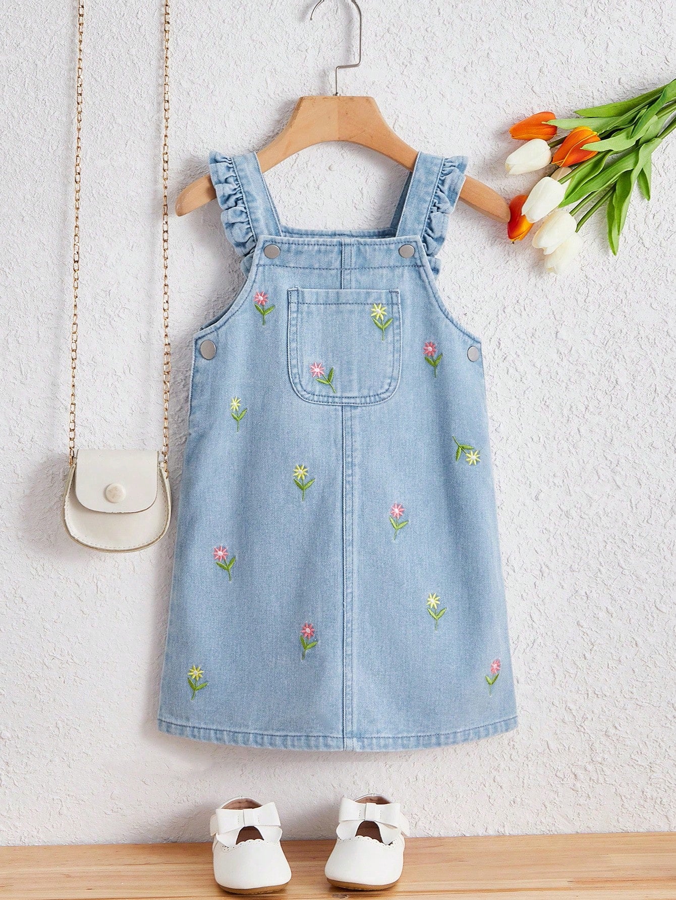 Young Girl Fashionable Floral Printed Denim Dress