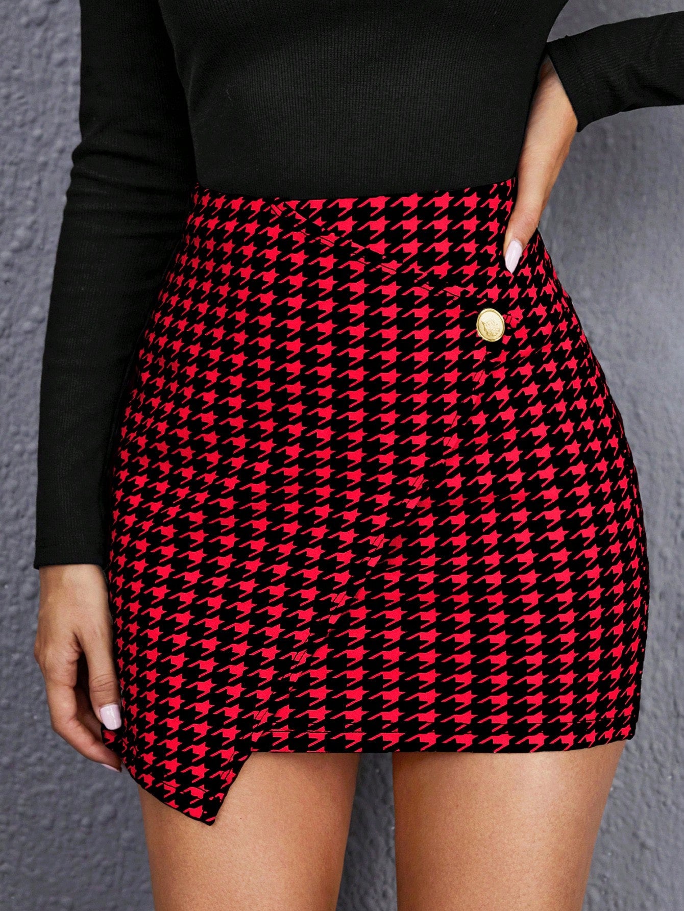 Women Houndstooth Print Wrap Skirt