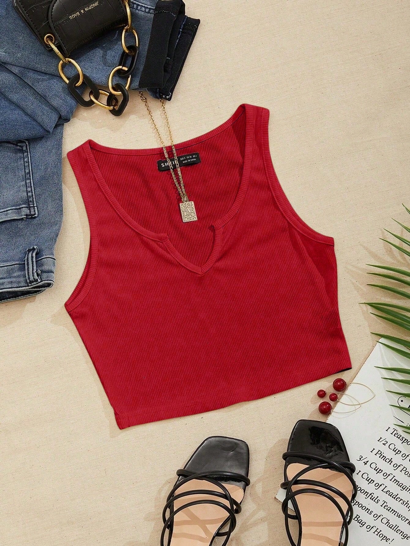 Notched Neck Ribbed Knit Tank Top