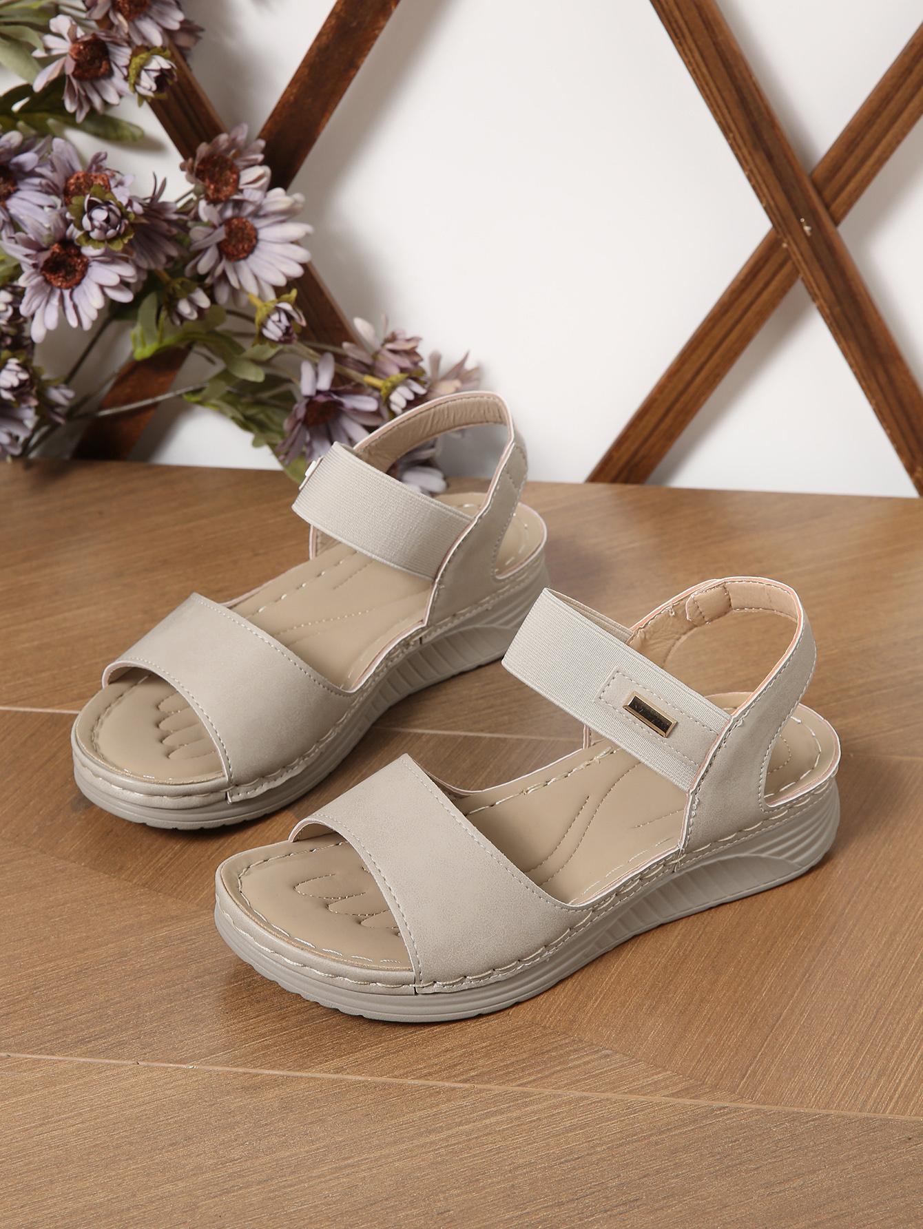 2023 New Arrival Stylish Vintage Elastic Band Women's Sandals With Stitch Detail, Lightweight Wedge Heel Soft Bottomed Women's Sandals