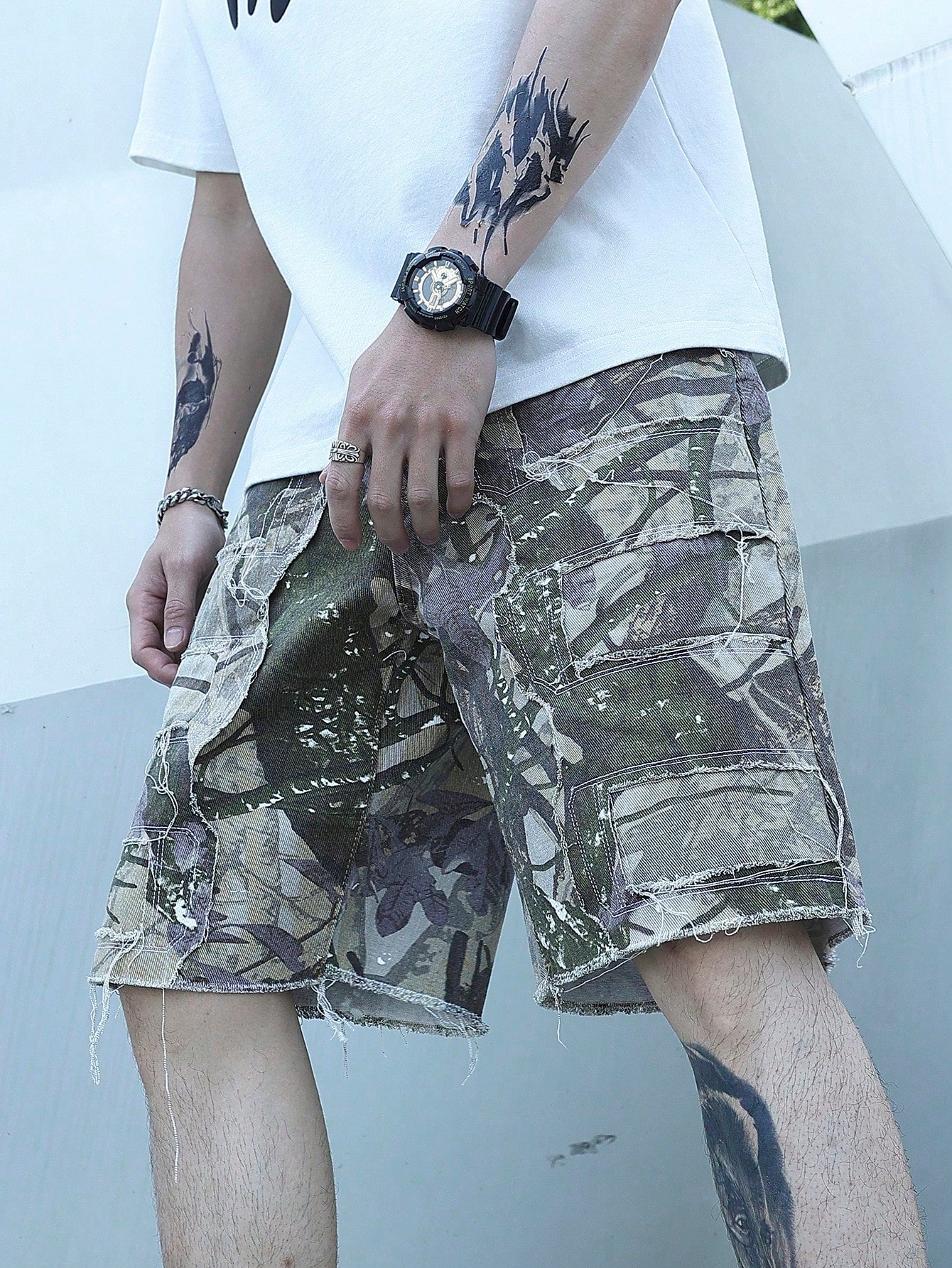 Men's Loose Fit All Over Printed Denim Shorts Baggy Camo Colorful Forest Green Going Out Designer Rapper