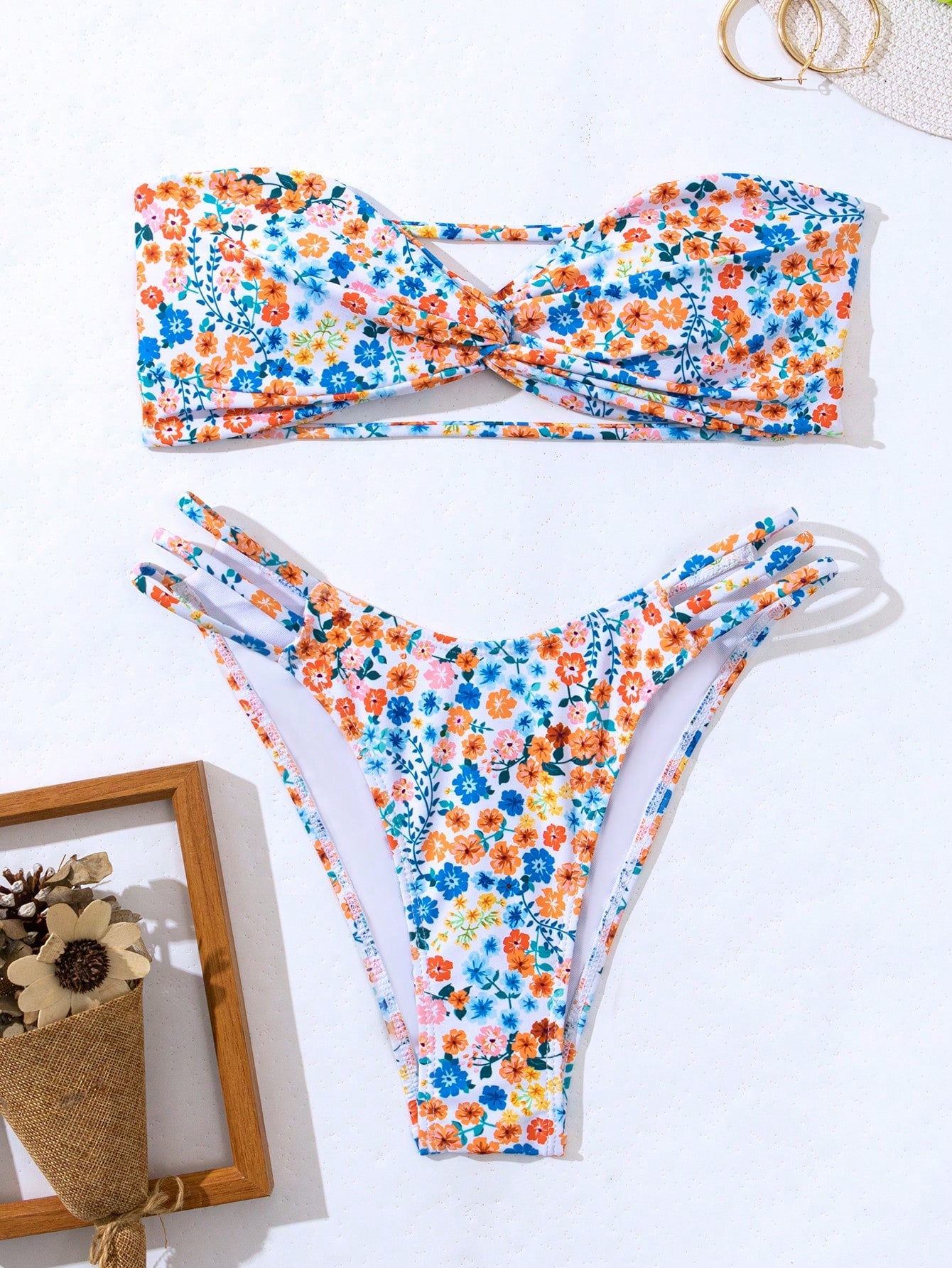 Swim Mod Summer Beach Floral Print Bandeau Bikini Set