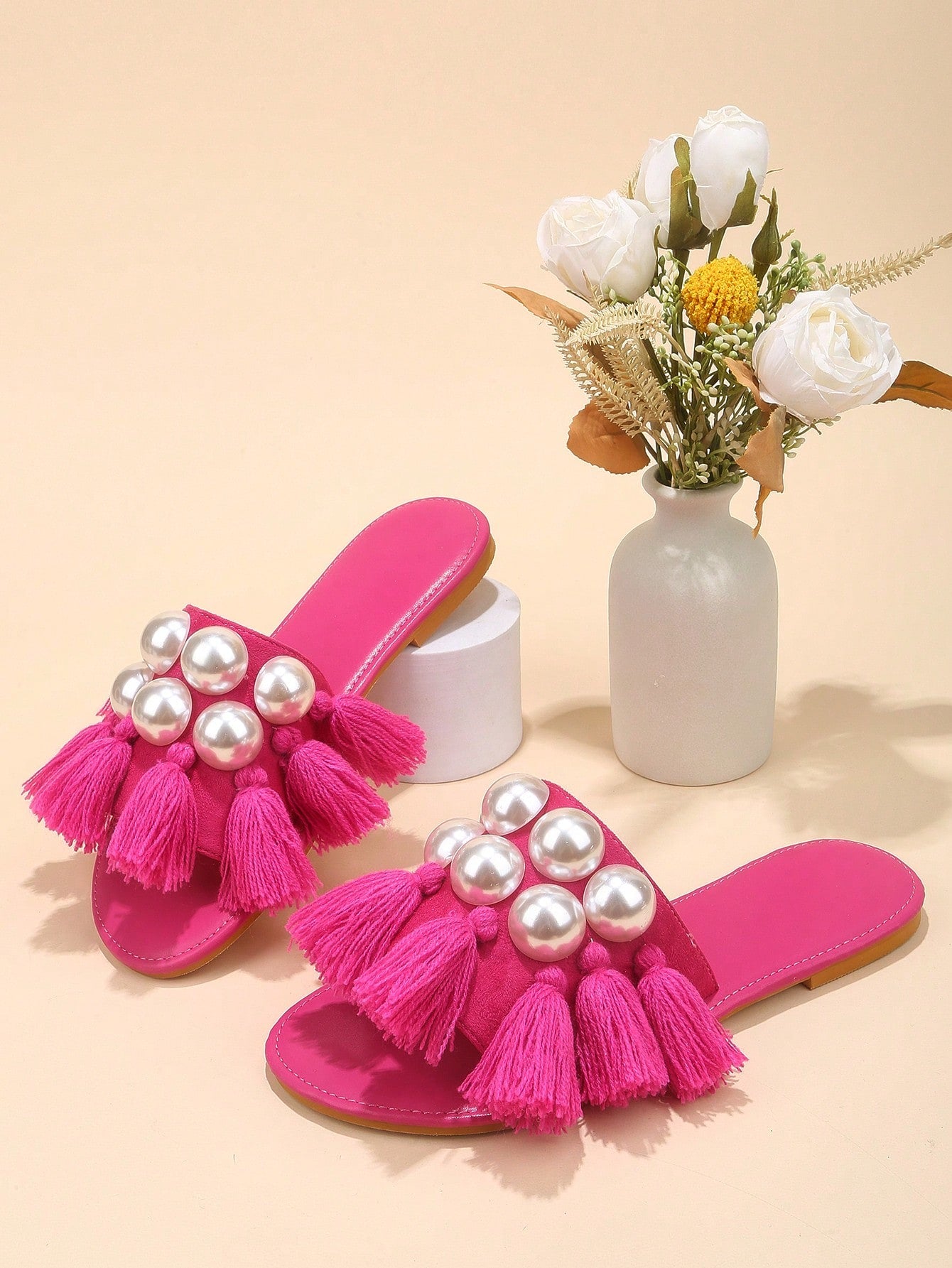 Fashionable Slide Sandals For Women, Faux Suede Faux Pearl & Tassel Decor Single Band Flat Sandals