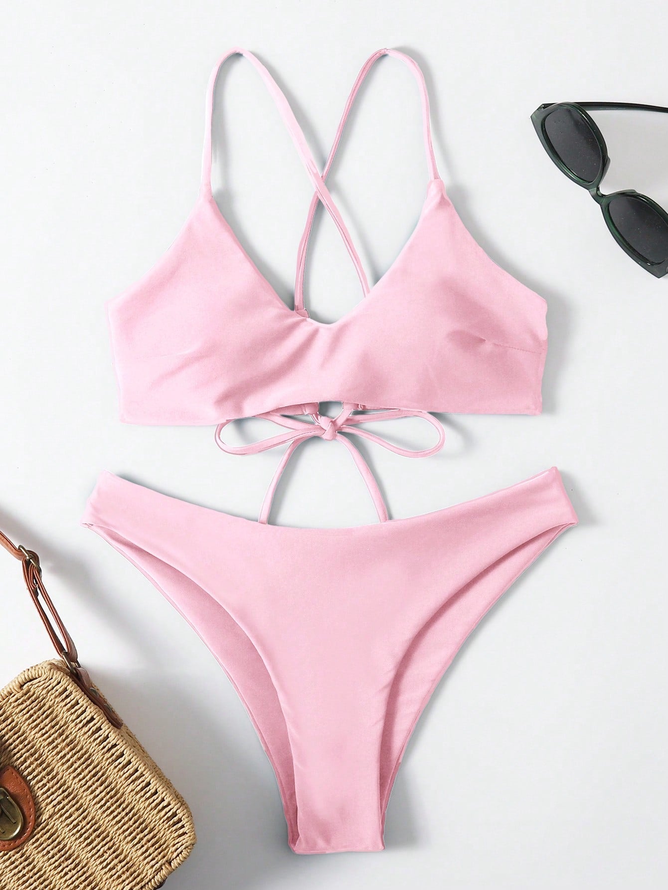 Swim Summer Beach Wireless Spaghetti Strap Tie Back Bikini Set