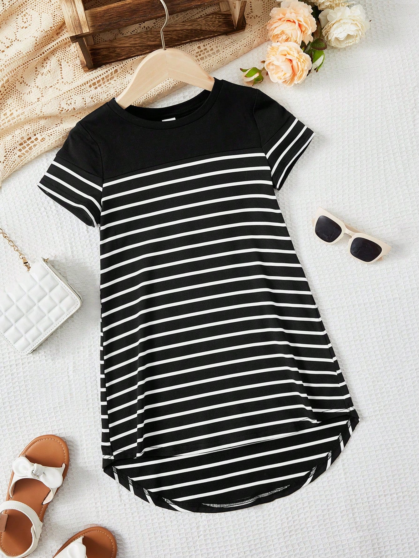 Young Girl Striped Print Curved Hem Tee Dress