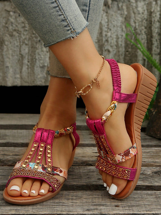 Women Rhinestone Decor Slingback Sandals, Fashion Fabric Wedge Sandals