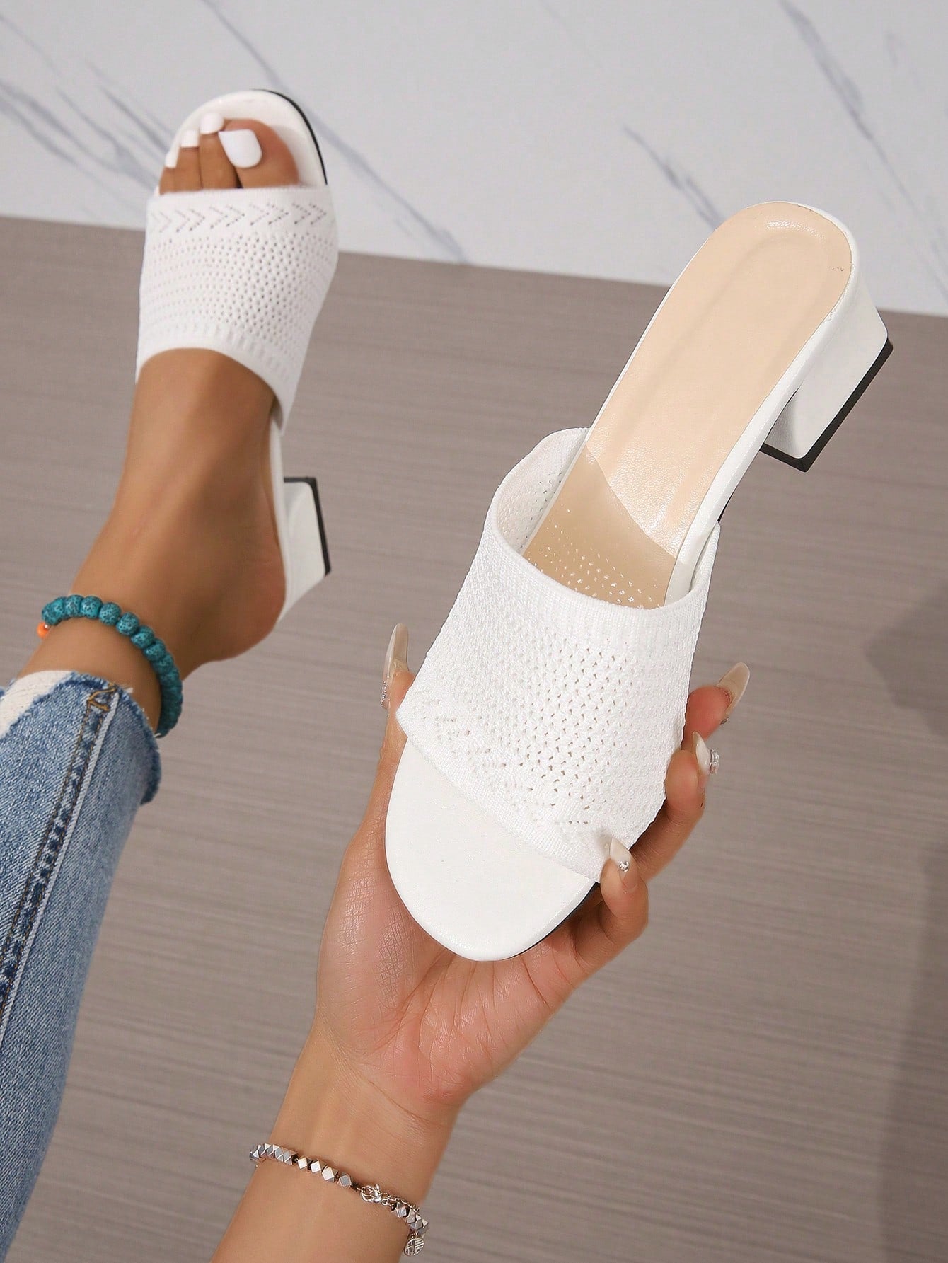 Women Ribbed Chunky Heeled Sandals, Elegant White Fabric Mule Sandals