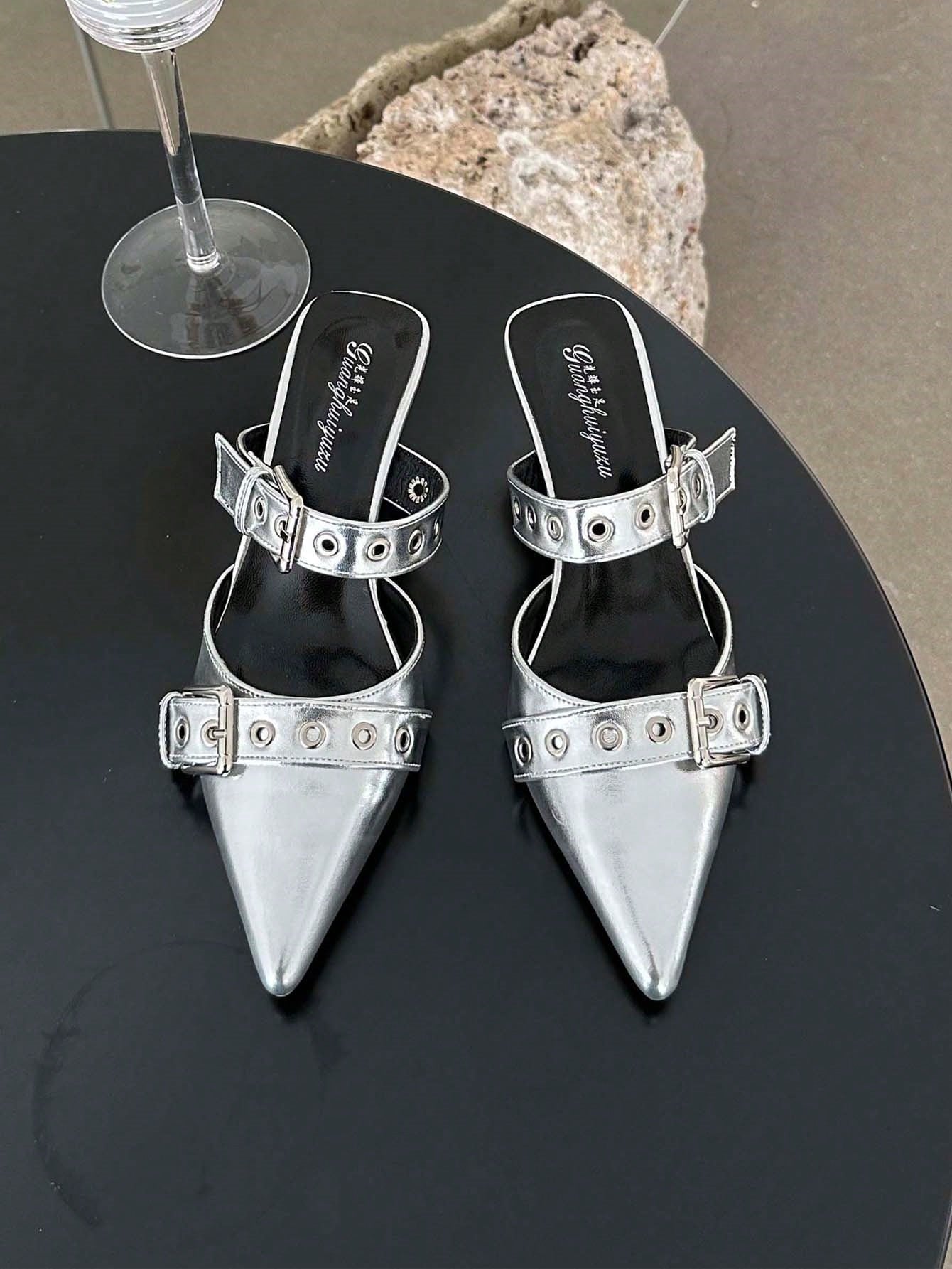 Silver Pointed-Toe Slip-On Mule Heels With Double Buckle Decor, Women Fashionable High Heel Shoes