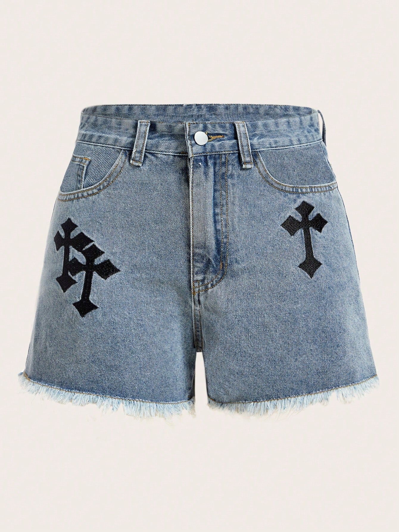 Punk Cross Embroidery Raw Hem Denim Shorts