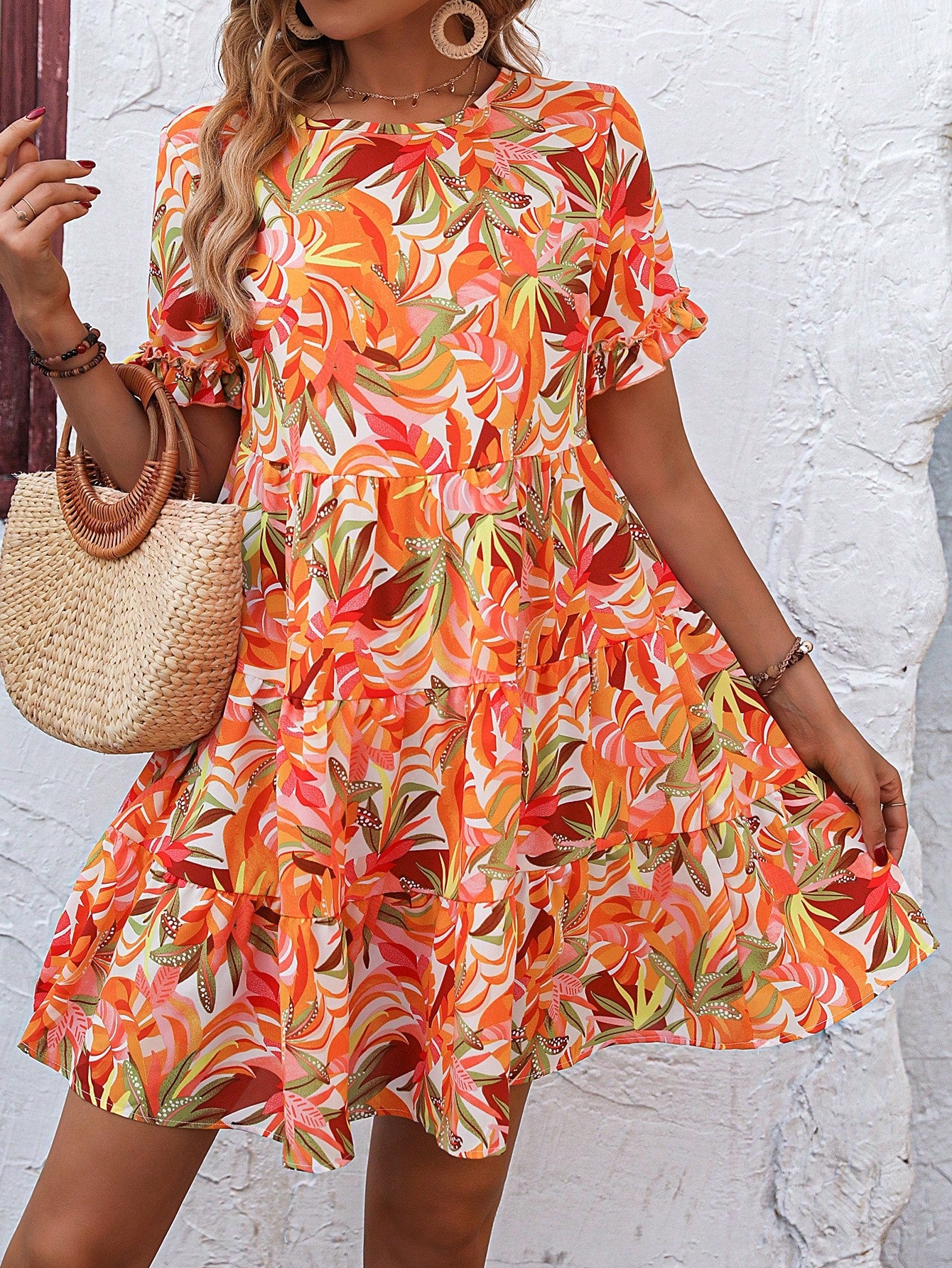 Allover Print Ruffle Hem Smock Dress