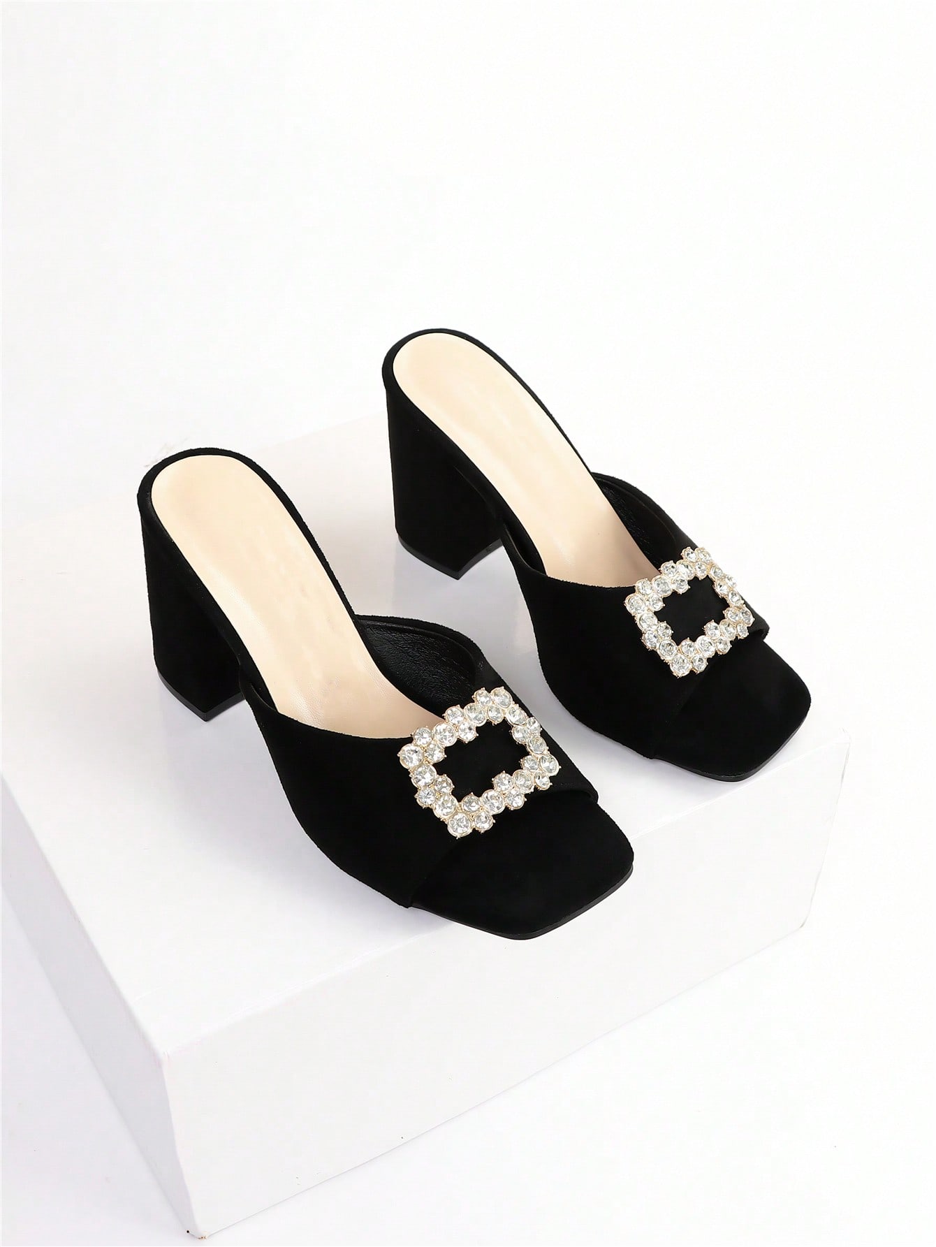 Women Rhinestone Decor Chunky Heeled Mule Sandals, Glamorous Banquet Heeled Sandals