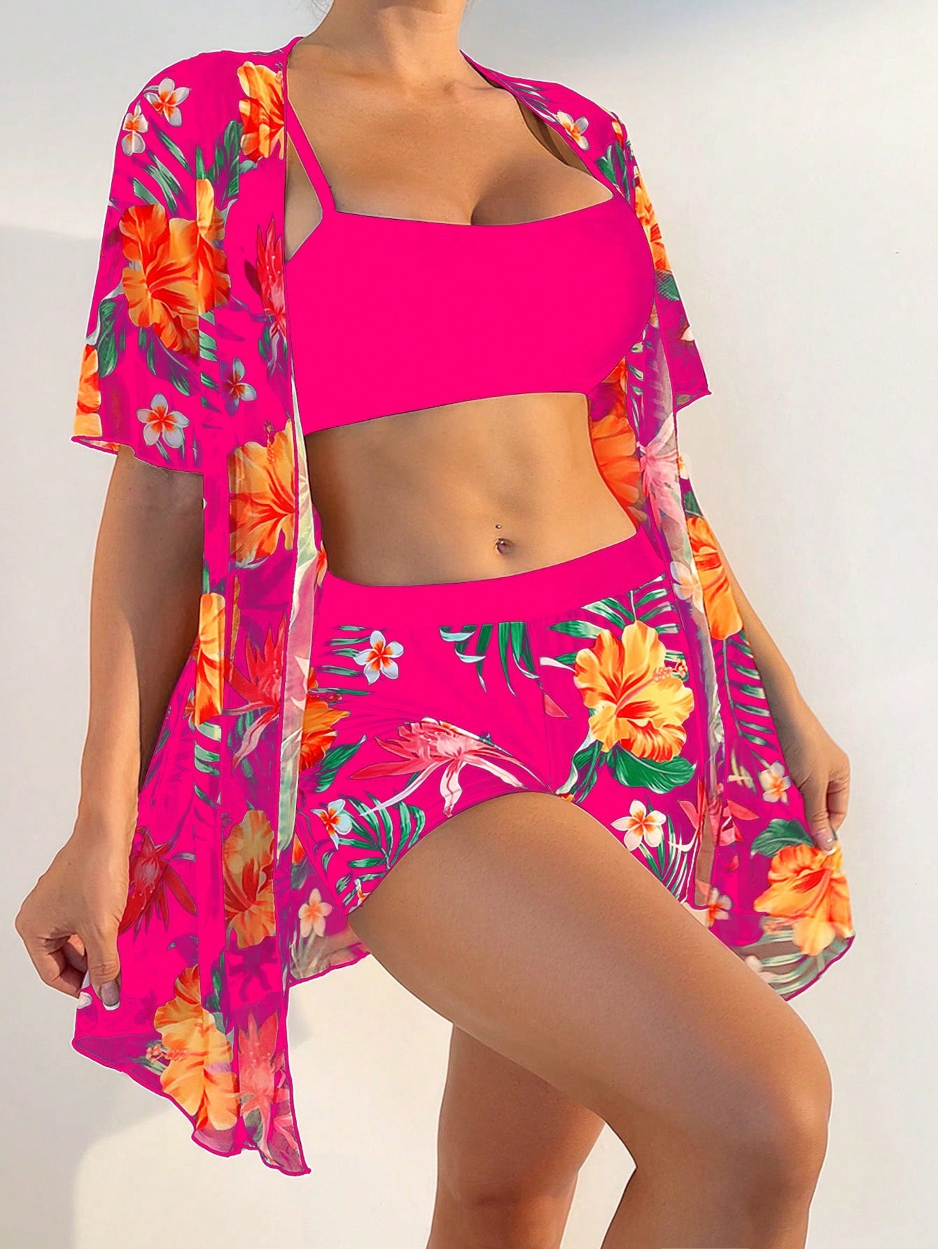 Swim Lushore Women's Summer Beach Tropical Plant Printed Triangle Shorts Casual Bikini Set With Short Sleeve Kimono Cover-Up