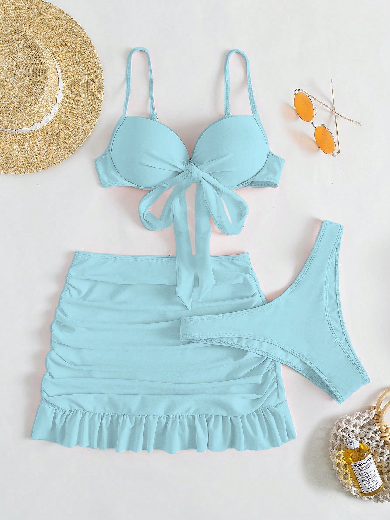 Swim Mod Summer Beach Solid Bikini Set Knot Front Push Up Bra & High Cut Bottom & Ruched Beach Skirt 3 Piece Bathing Suit