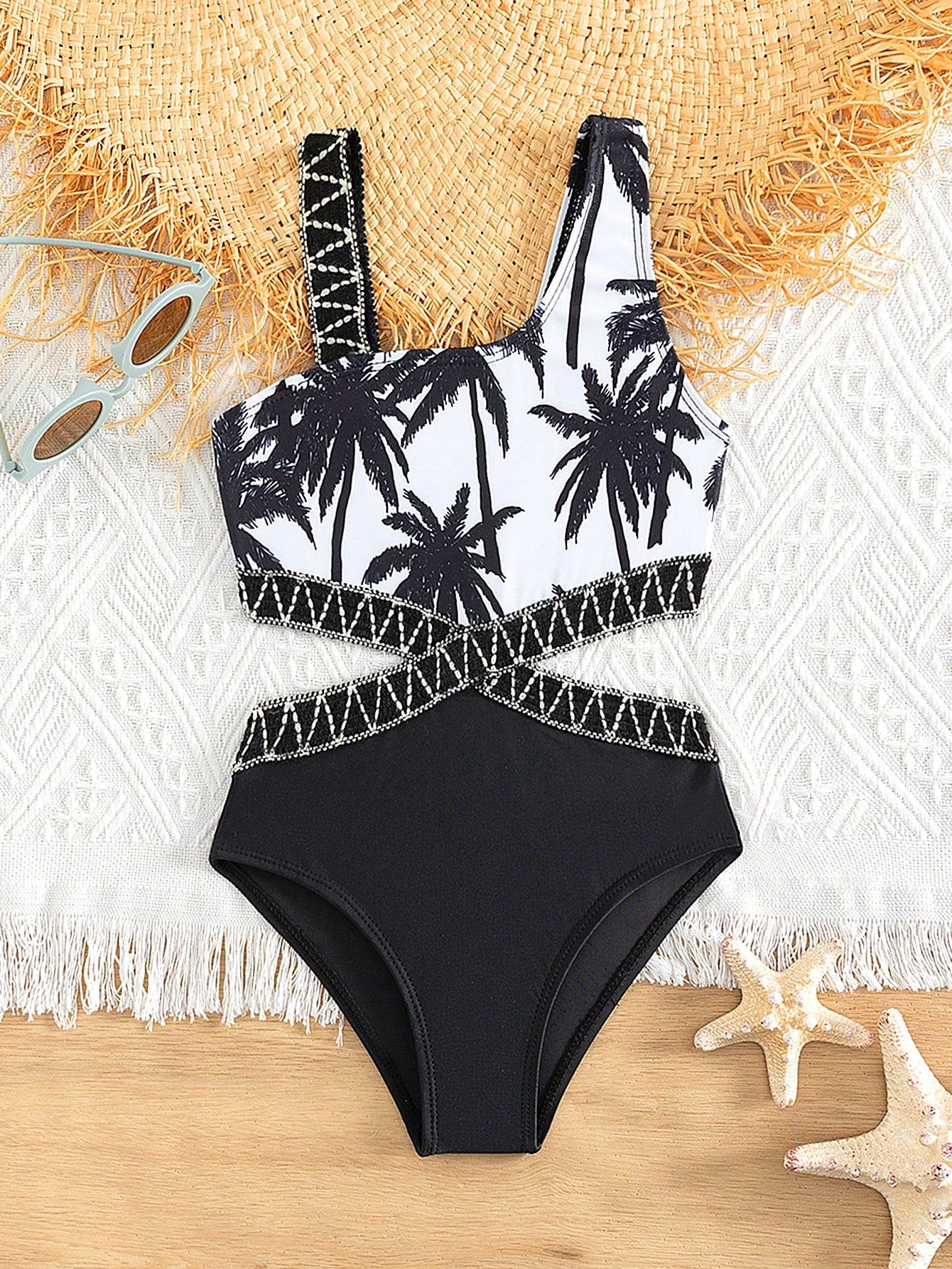 Young Girl 1pc Coconut Tree Print Tape Cut Out Asymmetrical Neck One Piece Swimsuit