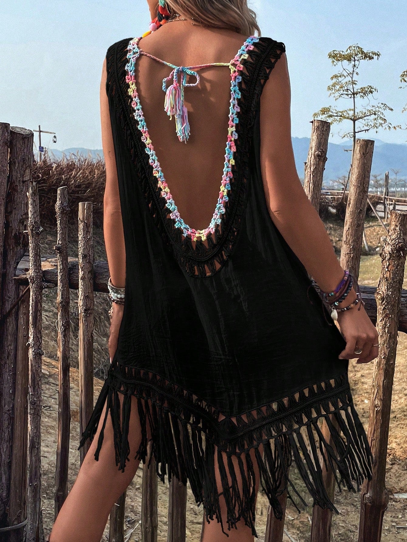 Swim Fringe Hem Tie Backless Cover Up,Summer Beach