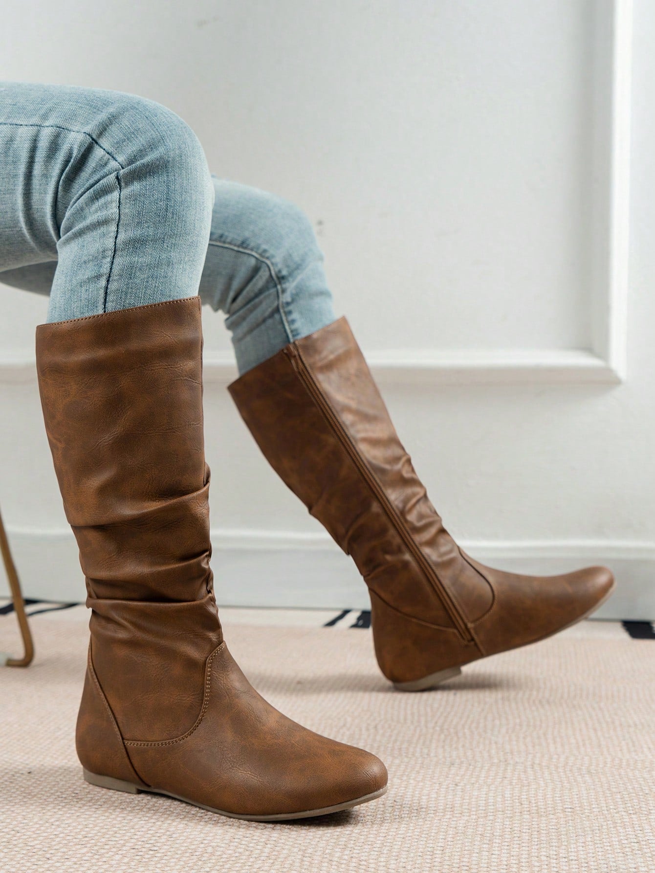 Women Minimalist Side Zipper Slouchy Boots, Fashion Outdoor Boots