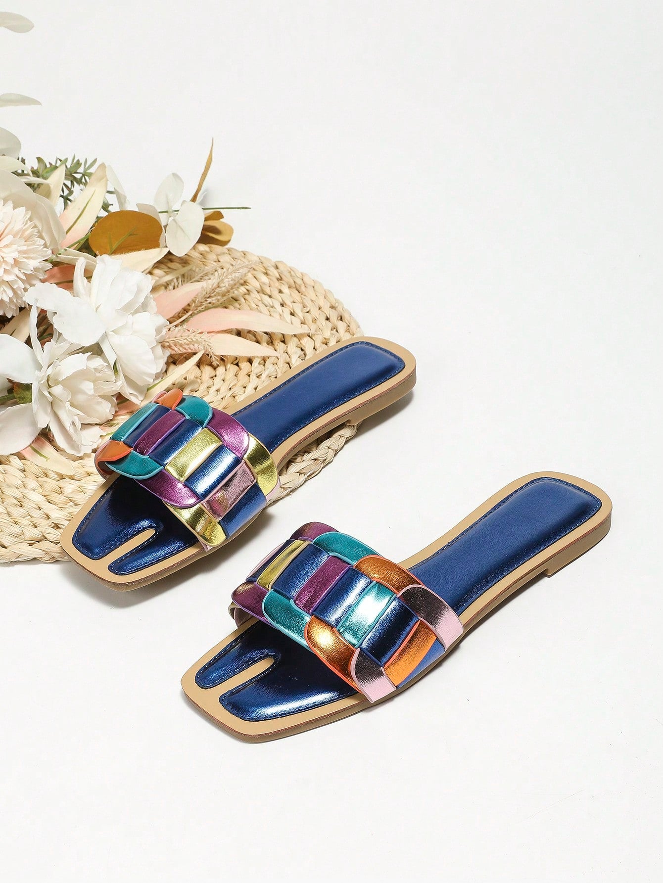 Fashionable Slide Sandals For Women, Colorblock Metallic Single Band Flat Sandals