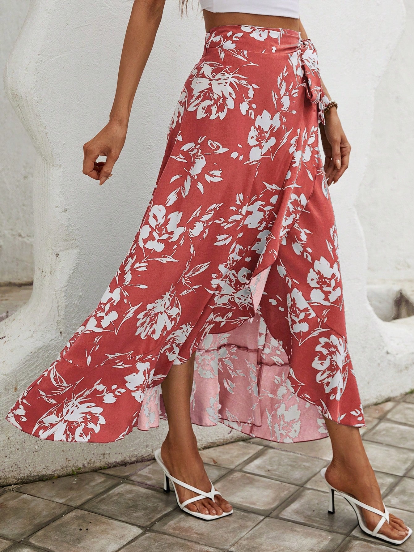 Floral Print Knot Side Wrap Skirt