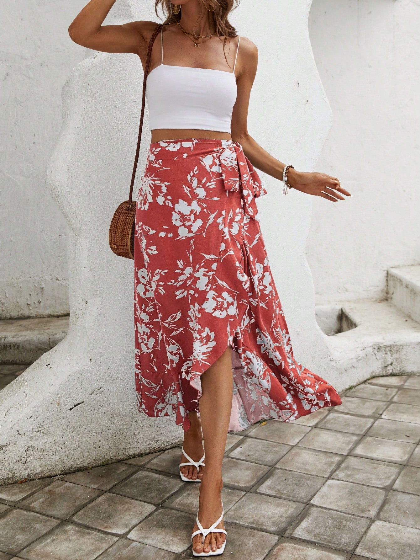 Floral Print Knot Side Wrap Skirt