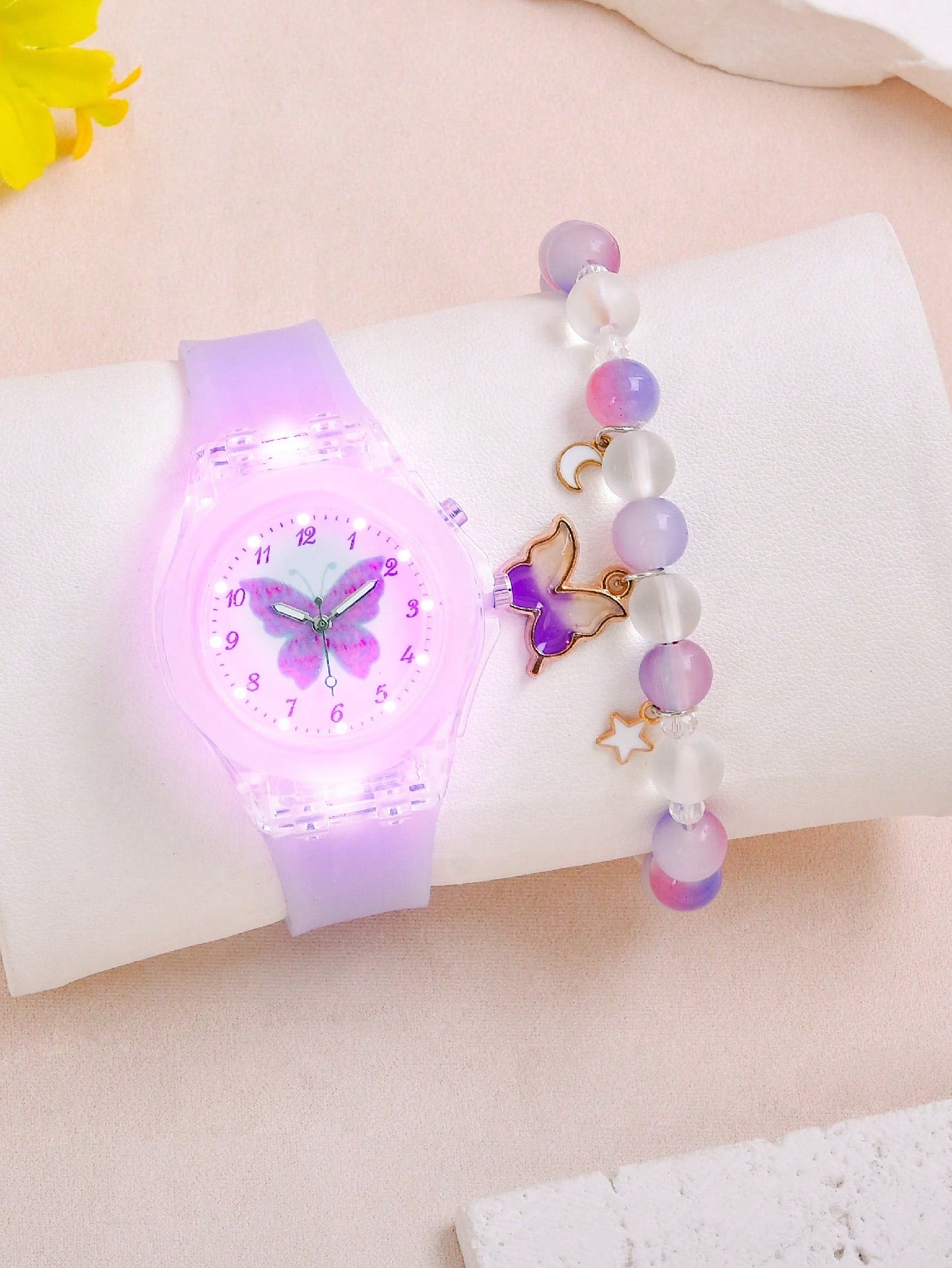 1pc Girls Butterfly Pattern Silicone Strap Cute Luminous Round Dial Quartz Watch & 1pc Beaded Bracelet, For Daily Life