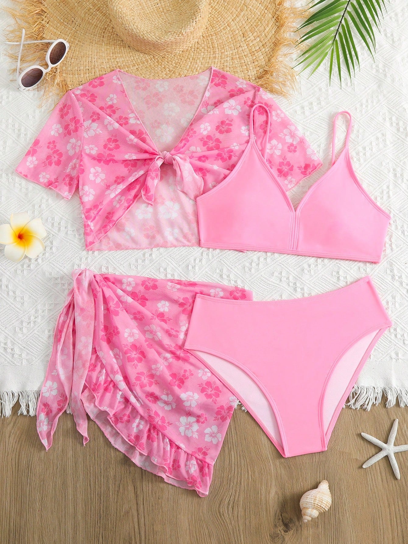 Teen Girls 4pcs Floral Print Bikini Set With Cover Up Set Summer Beach