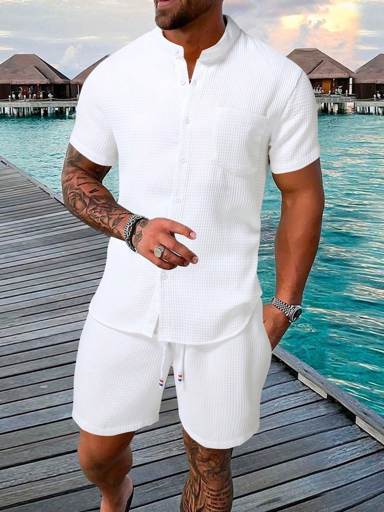 Men Pocket Patched Shirt & Drawstring Waist Shorts Set