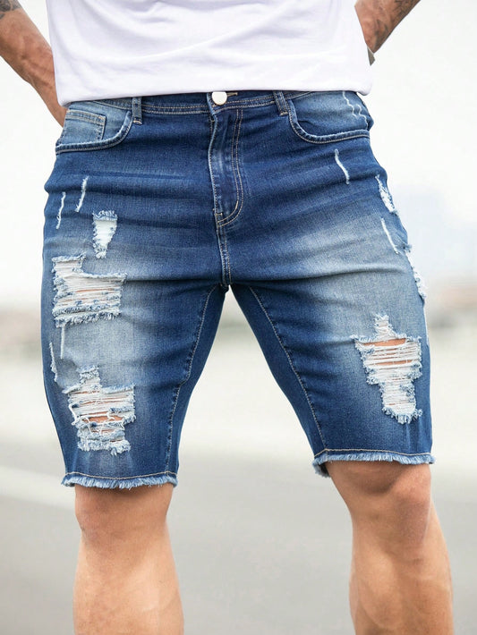 Men Ripped Frayed Raw Hem Denim Shorts