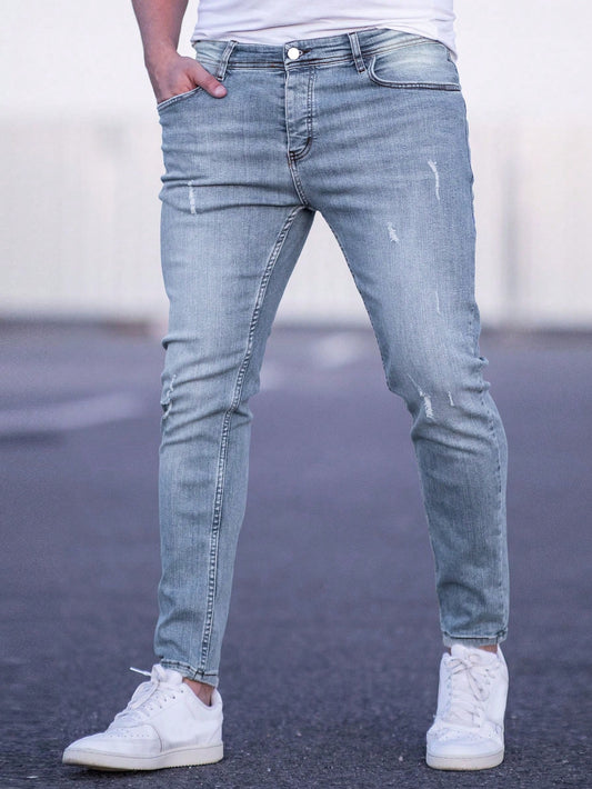 Men Cotton Ripped Frayed Cat Scratch Skinny Jeans