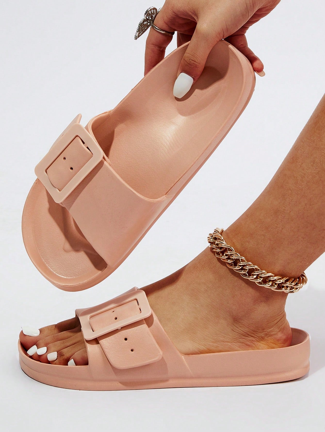 Buckle Detail Wide Fit Slides, Color Solid Color Beach Flip Flops