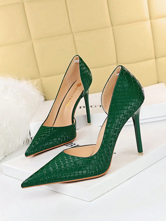 Fashion Green Pumps For Women, Crocodile Embossed Point Toe Stiletto Heeled Court Pumps