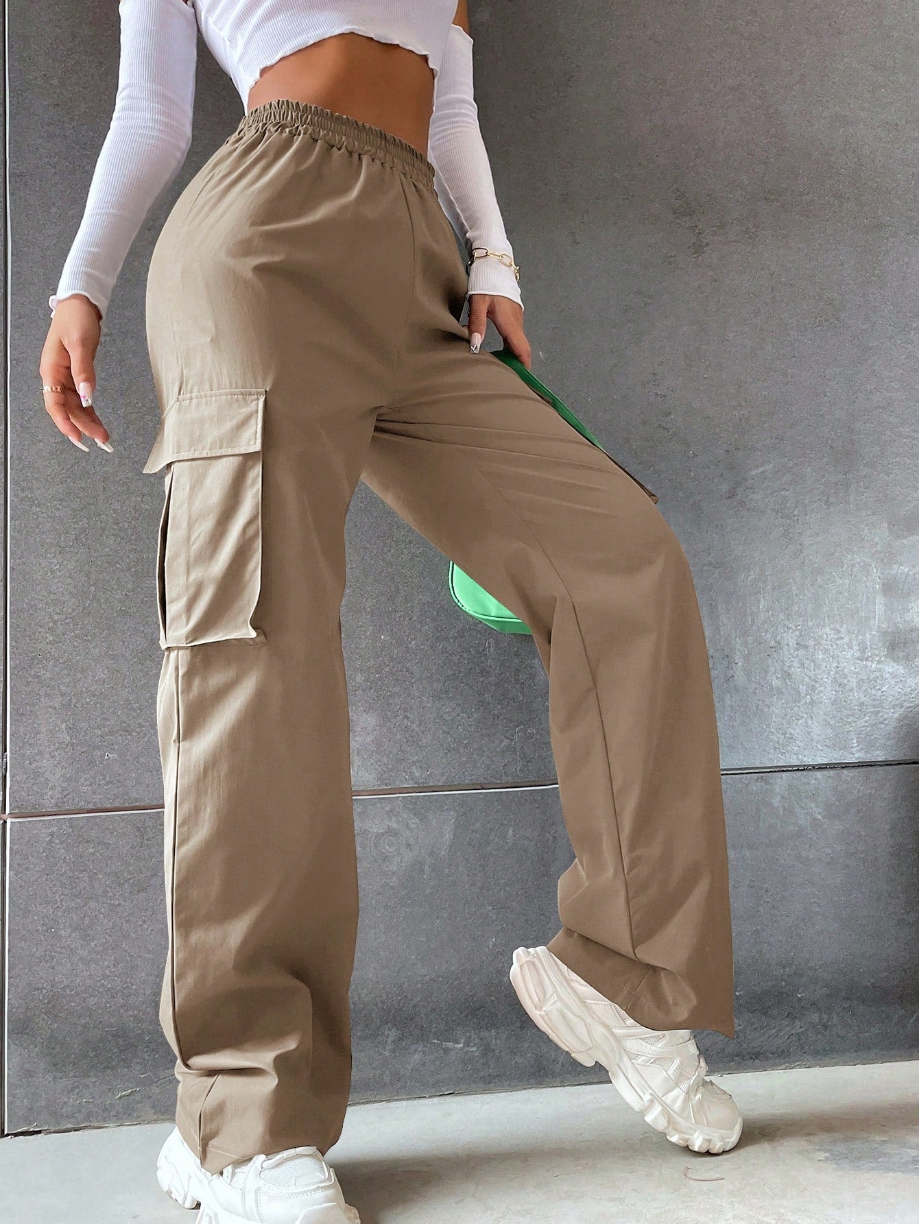 Solid High Waist Flap Pocket Cargo Pants