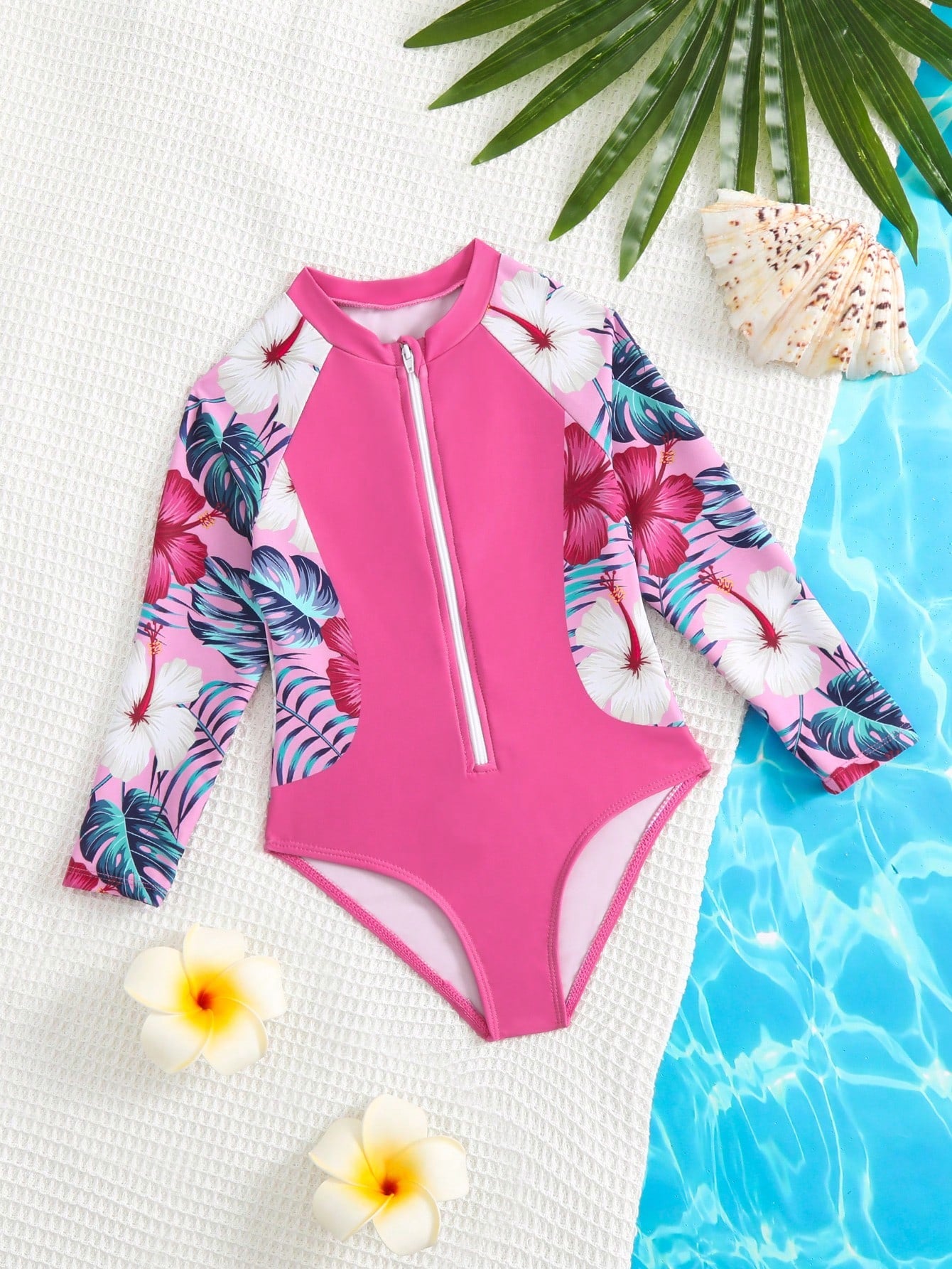 Young Girl One-Piece Tropical Plant Printed Rash Guard Swimsuit With Long Sleeves