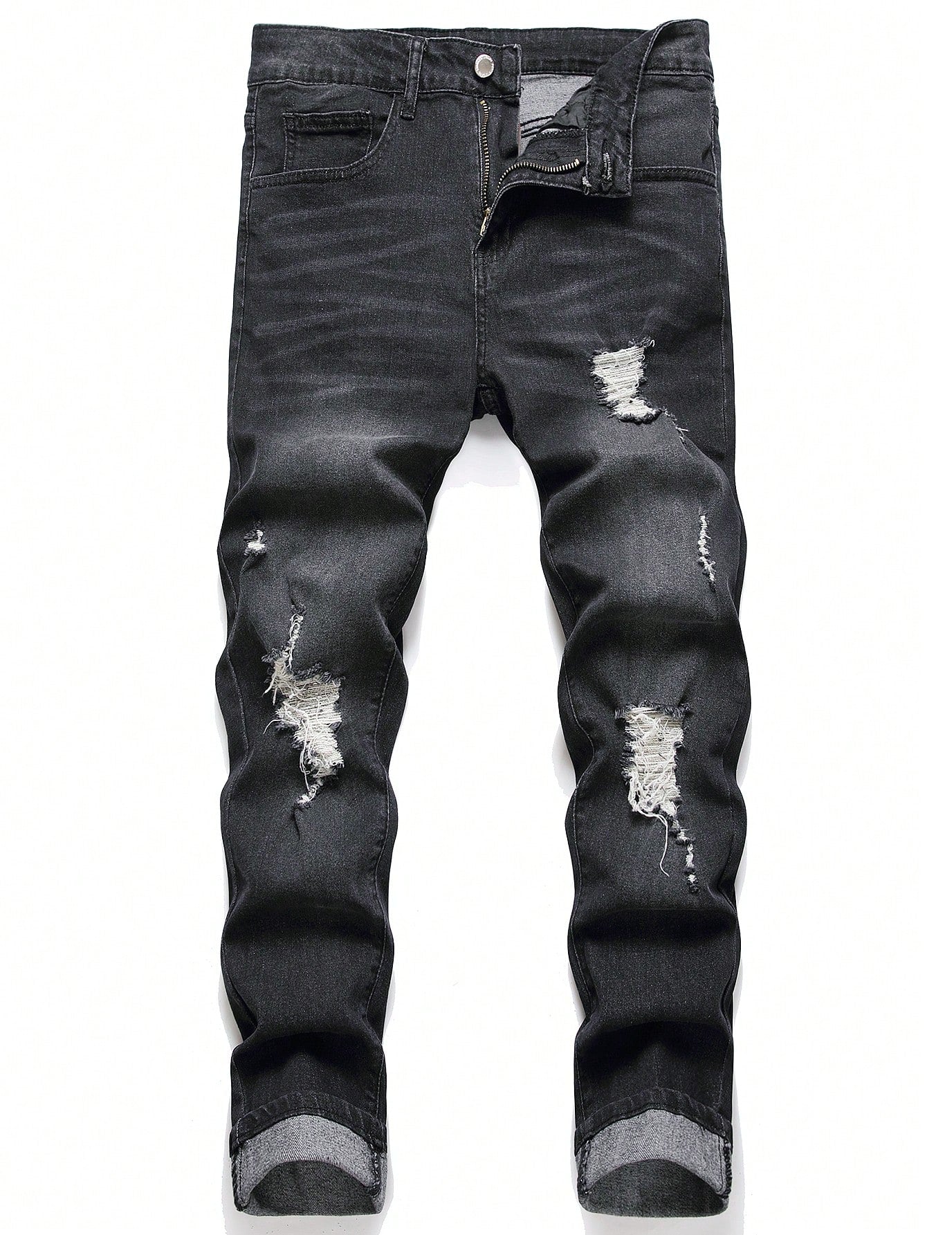 Men Cotton Bleach Wash Ripped Frayed Jeans