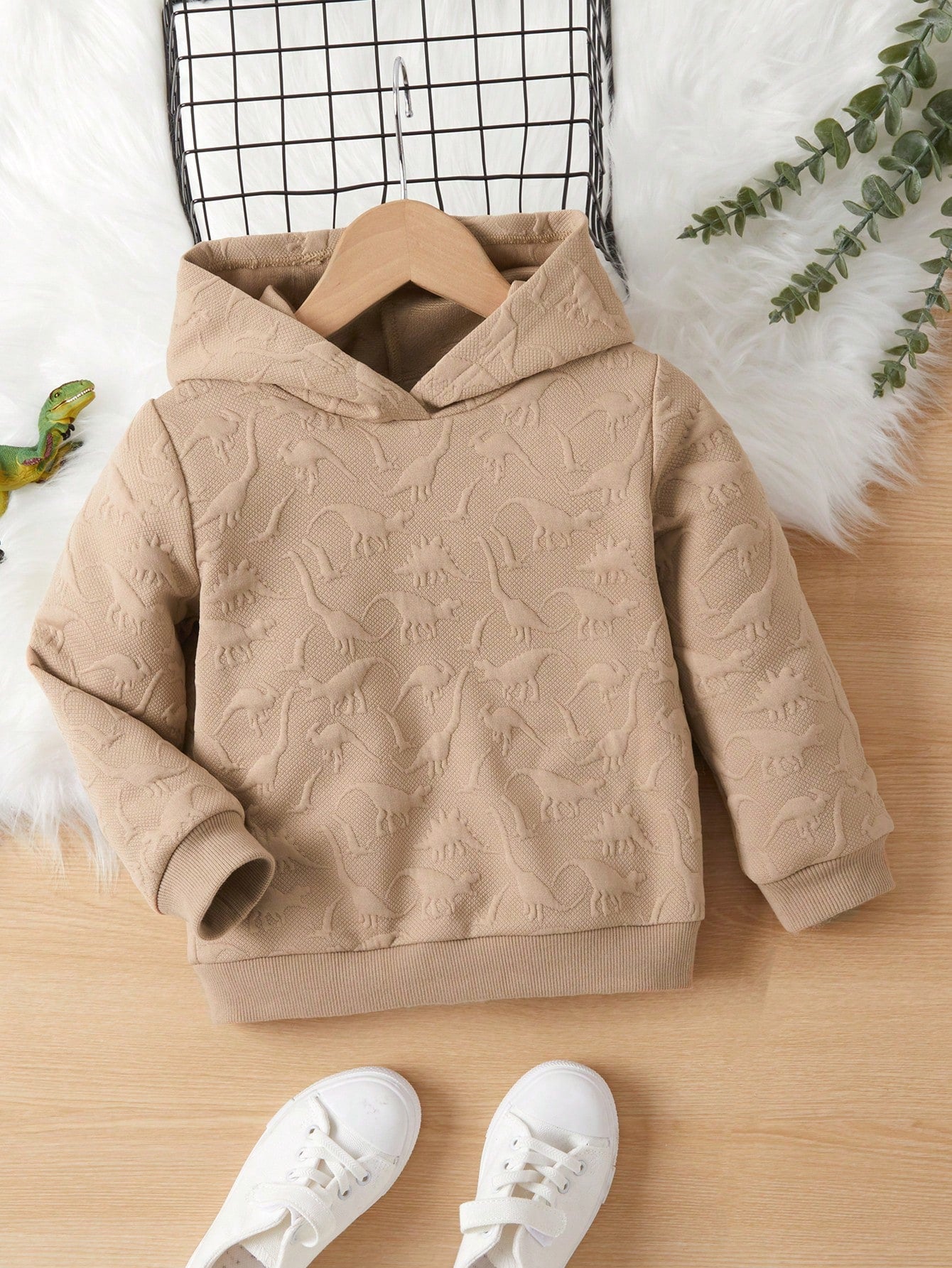 1pc Young Boys' Dinosaur Embossed Hooded Long Sleeve Sports Shirt